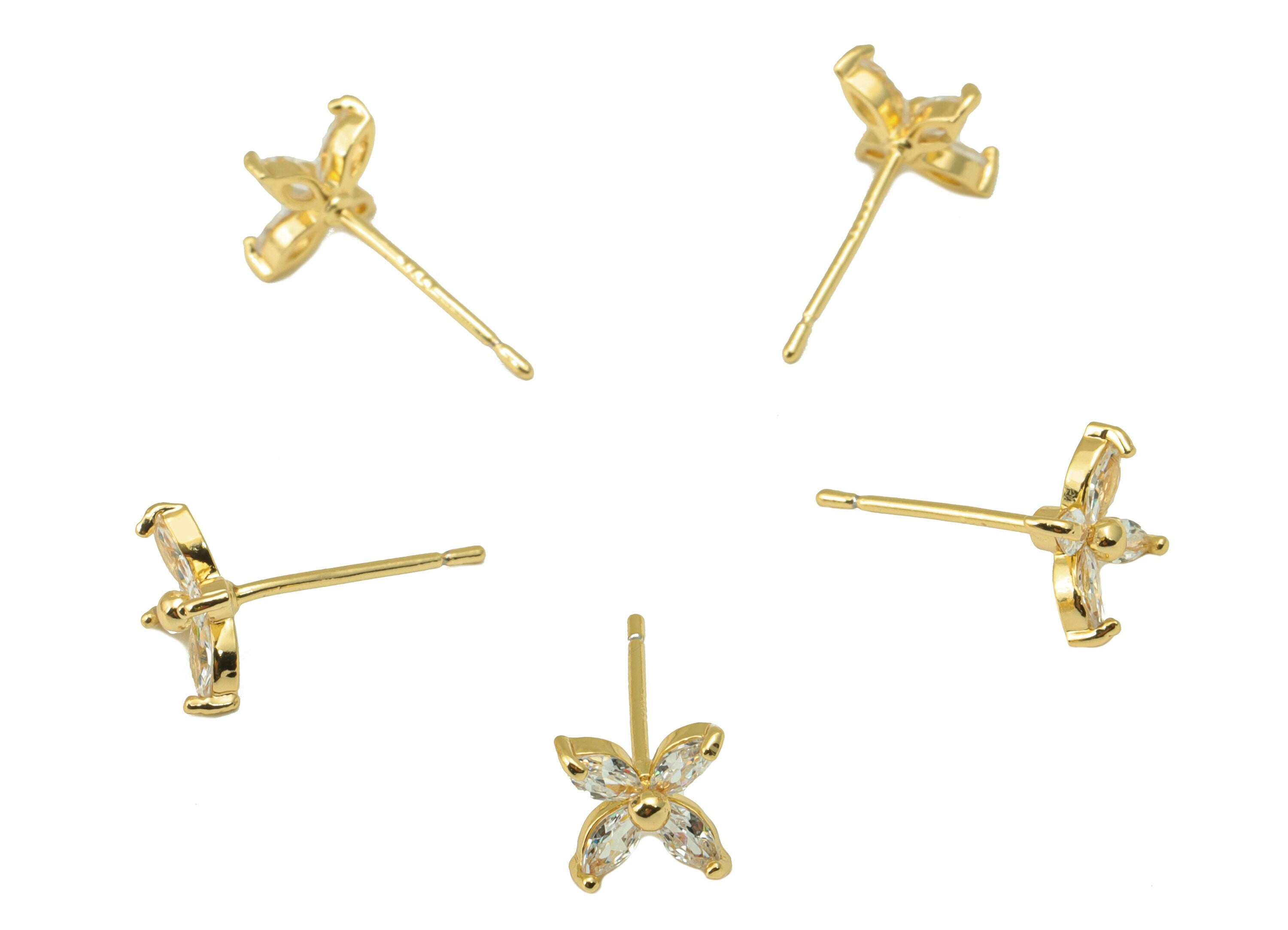 Brass Flower Earring Stud - Brass CZ Marquise Post - Cubic Zircon Earring Post - Earring Post -18K Real Gold Plated -7.23x7.2x1.64mm-RGP6520 - DOMEDBAZAAR