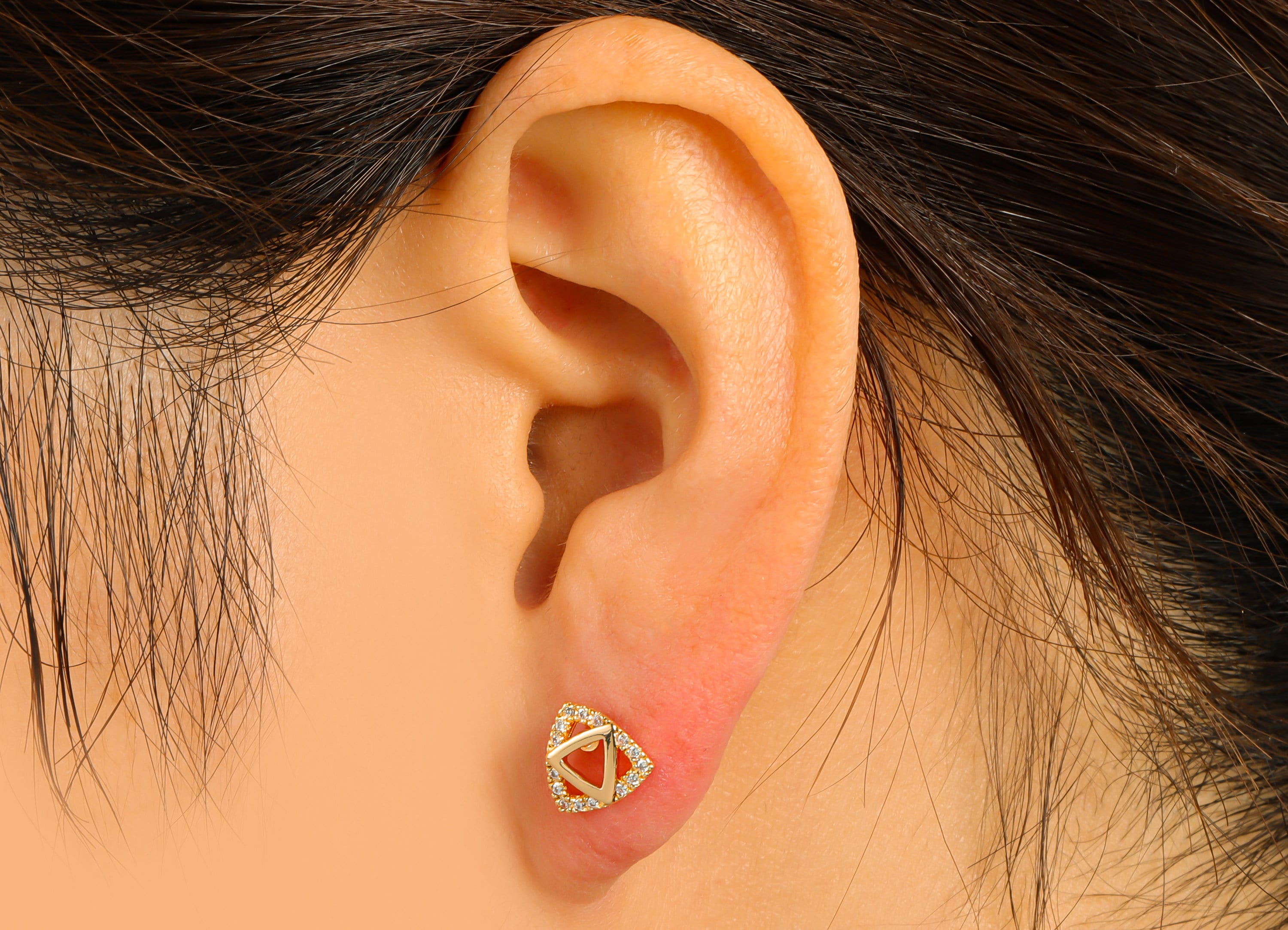 Brass Triangle Earring Stud - Brass CZ Geometry Post - Cubic Zircon Earring Post - Earring Post -18K Real Gold Plated -8.4x8x1.92mm-RGP6491 - DOMEDBAZAAR