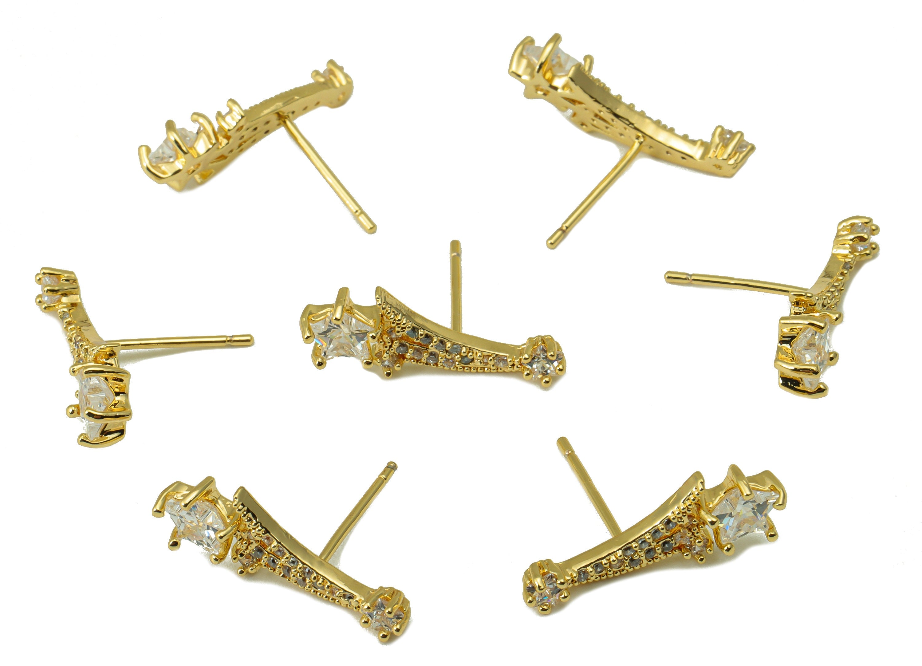 Brass Falling Star Earring Stud - Brass CZ Meteor Post - Cubic Zircon Post - Shooting Star Earring -18K Real Gold Plated -19x7x3mm-RGP6482 - DOMEDBAZAAR