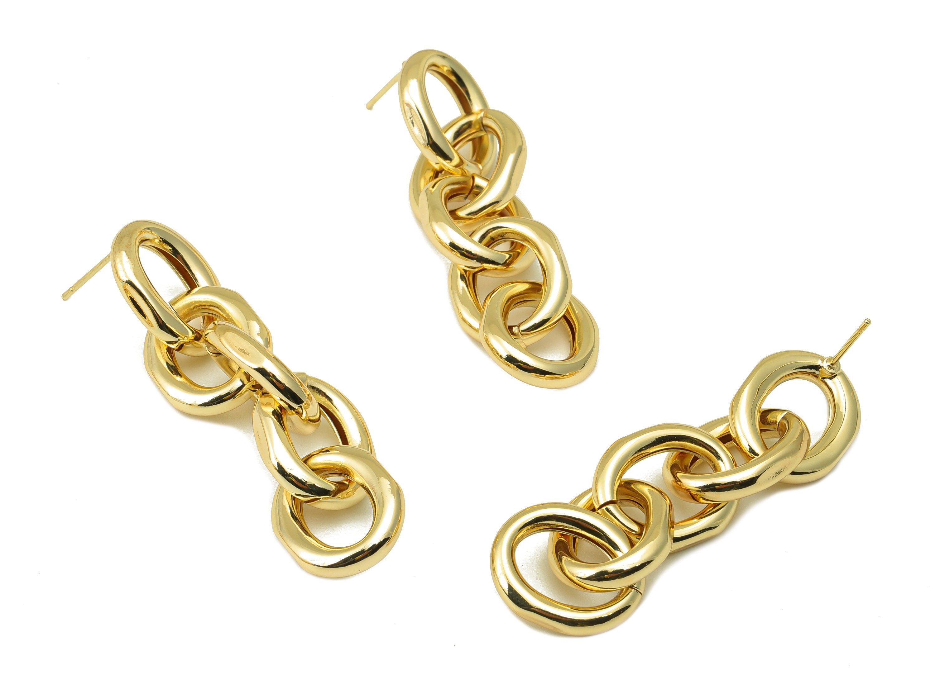Brass Oval Earring Stud - Brass Ellipse Post - Hanging Oval Earring Post -Cable Chain Dangle Earring -18K Real Gold Plated-62x13x3mm-RGP6481 - DOMEDBAZAAR