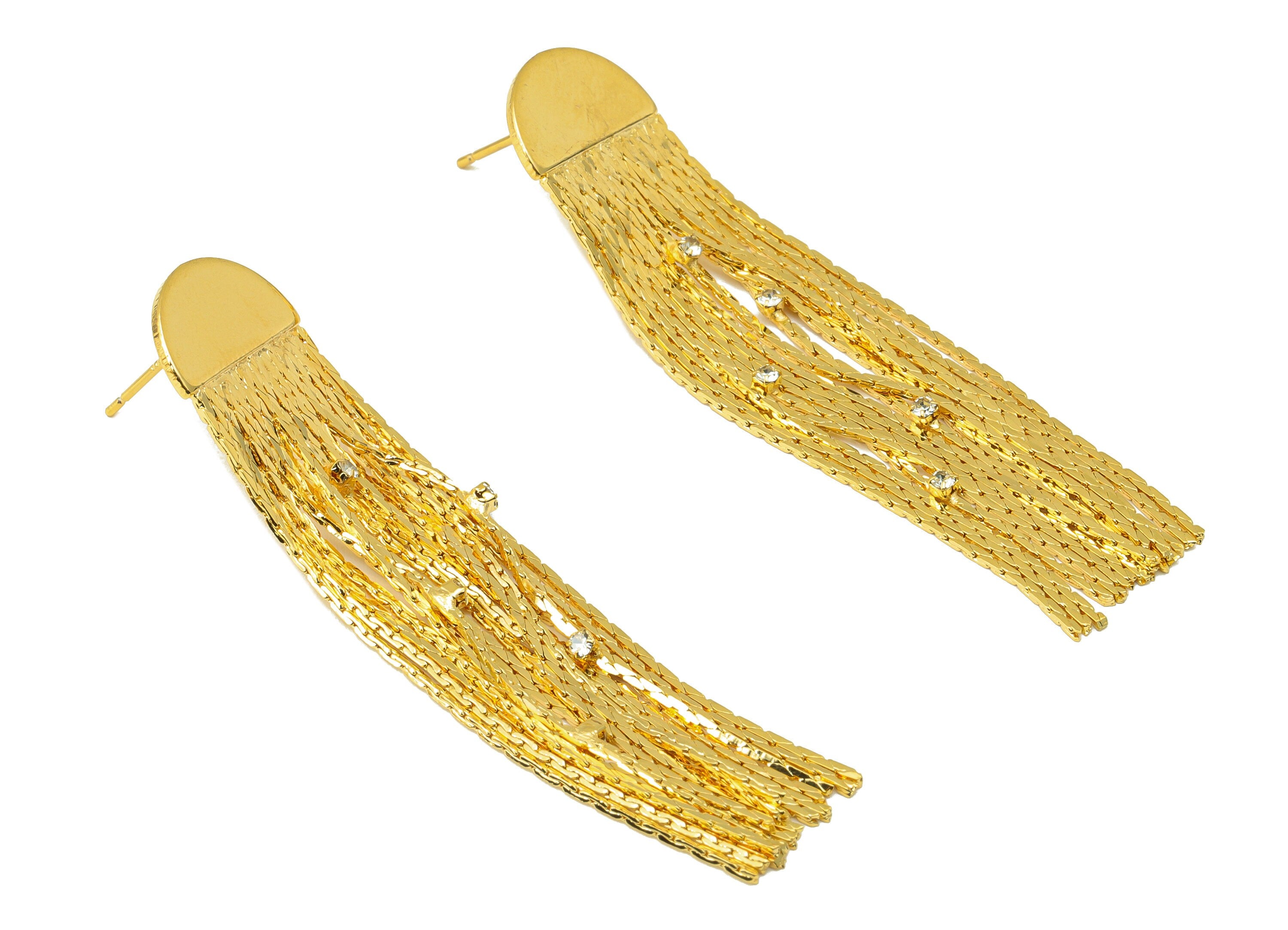 Brass Half Round Earring Stud - Brass Tassel Earring Post - Snake Chain Dangle Earring -18K Real Gold Plated - 63x14x1.05mm- RGP6485 - DOMEDBAZAAR