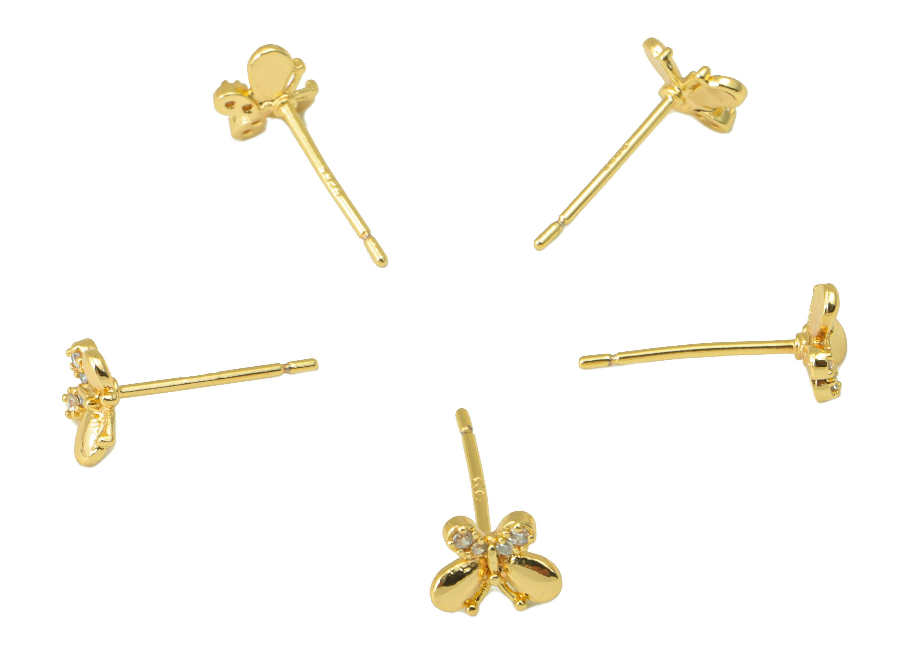 Brass Butterfly Earring Stud - Brass Cubic Zircon Post - CZ Animal Earring Post- 18K Real Gold Plated - 5.61x 6.9x 1.71mm-RGP6499 - DOMEDBAZAAR