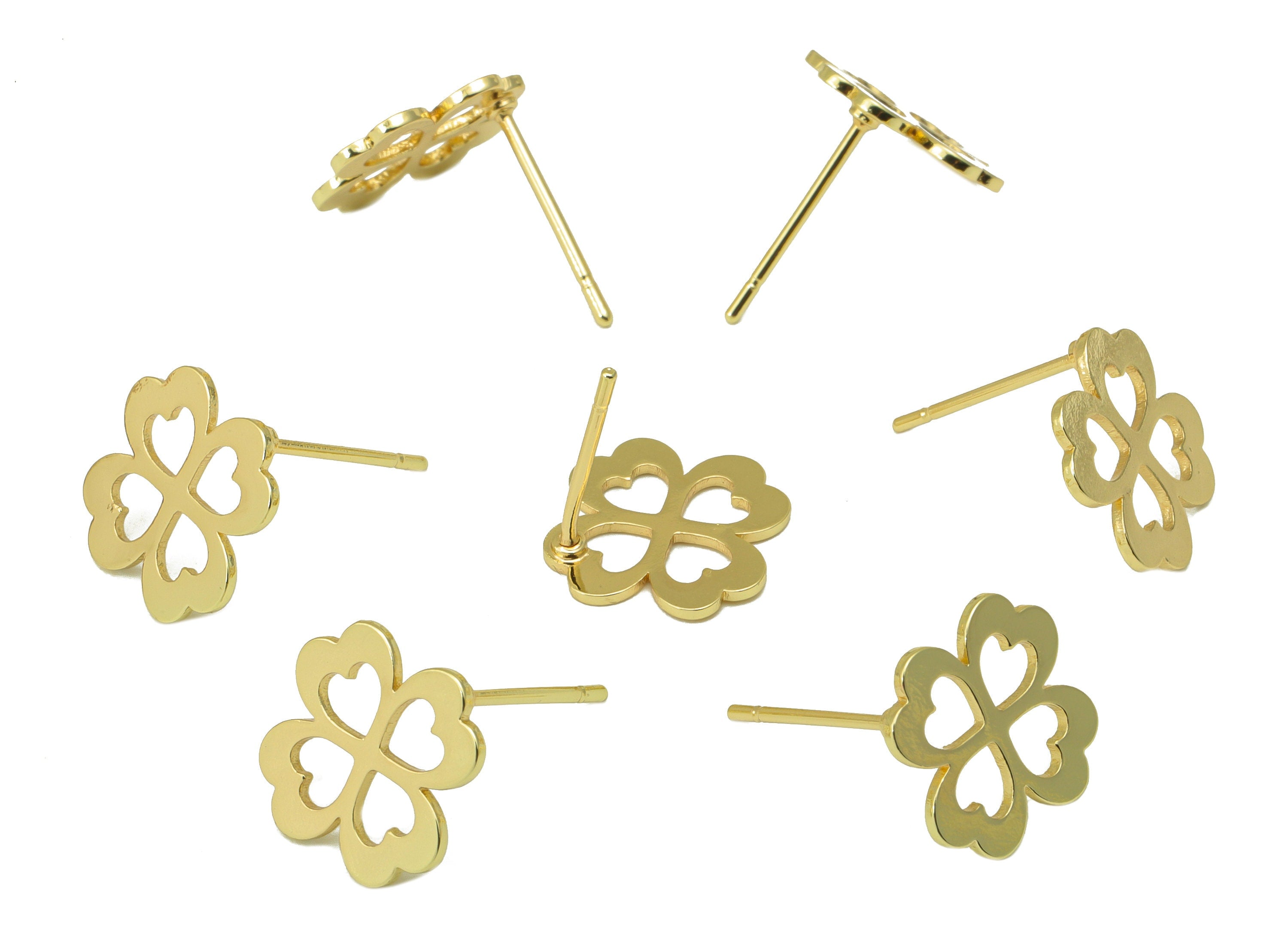 Brass Flower Earring Stud - Brass Heart Earring Post - Botanical Hollow - Gold Clover Earring- 18K Real Gold Plated - 12x12x1mm-RGP6581G - DOMEDBAZAAR