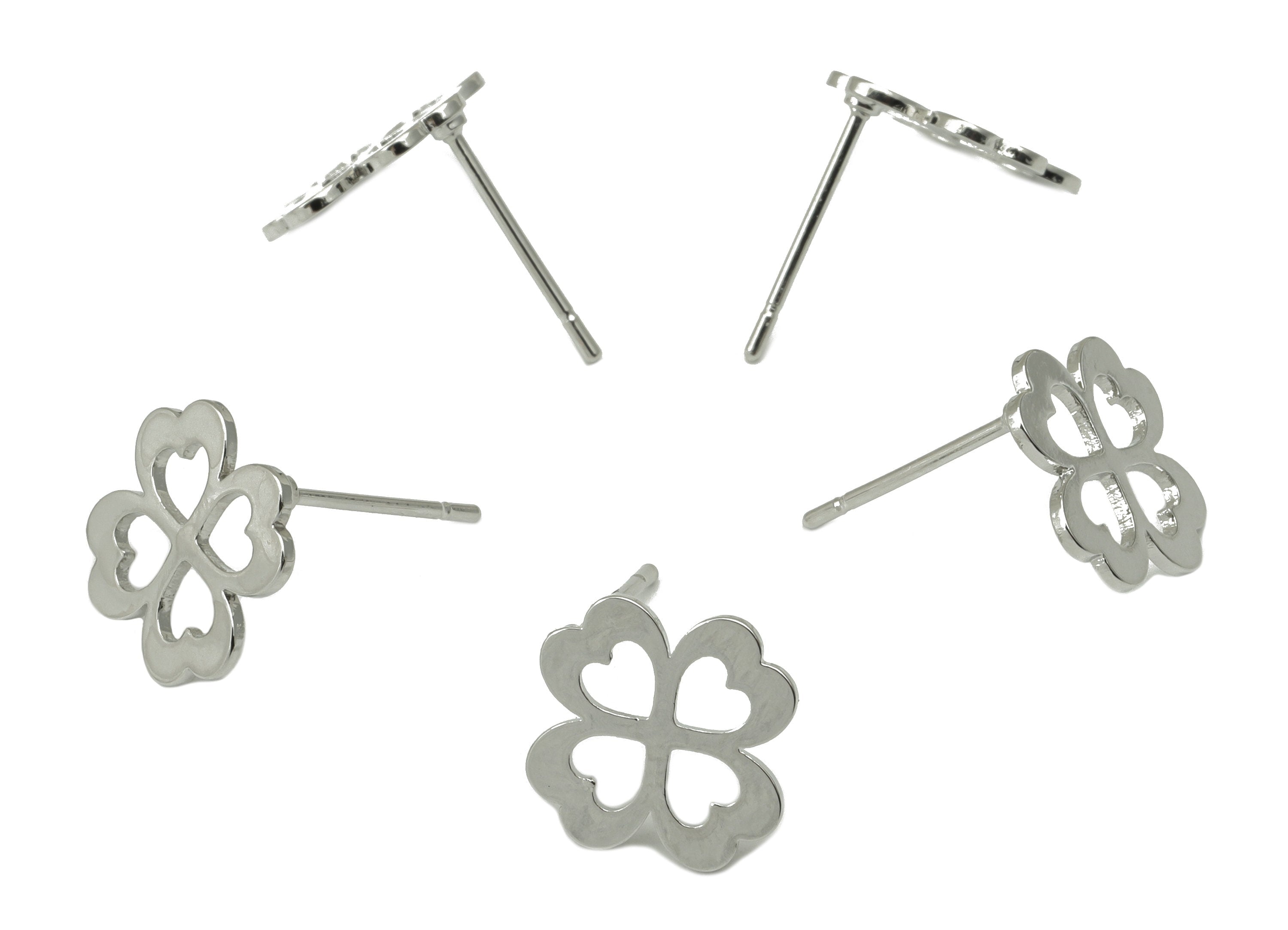 Brass Flower Earring Stud - Brass Heart Earring Post - Silver Clover Earring Post - 18K Real White Gold Plated - 12x11.9x1.23mm-RGP6581S - DOMEDBAZAAR