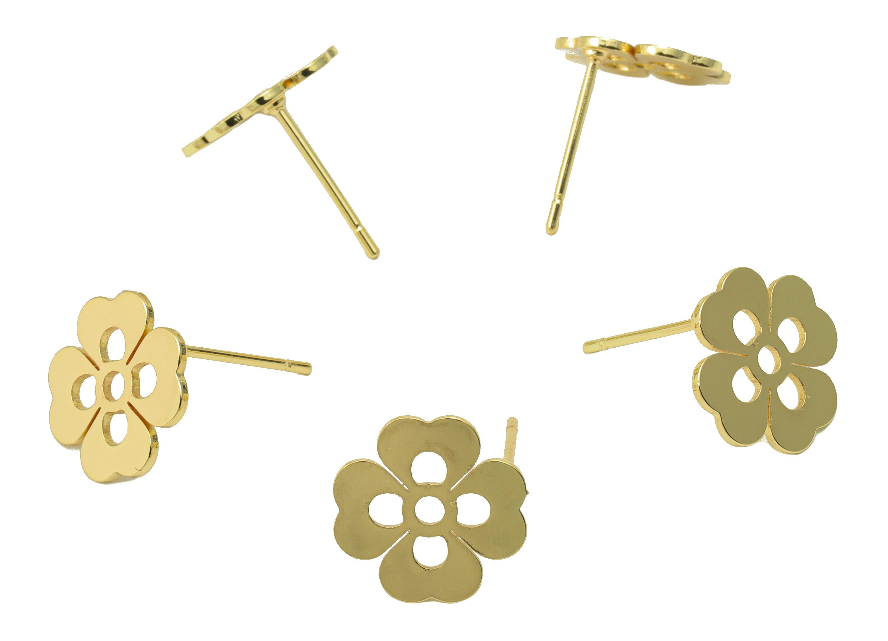 Brass Flower Earring Stud - Brass Heart Earring Post - Circle Gold Clover Earring Post - 18K Real Gold Plated - 11x11x0.65mm-RGP6582G - DOMEDBAZAAR