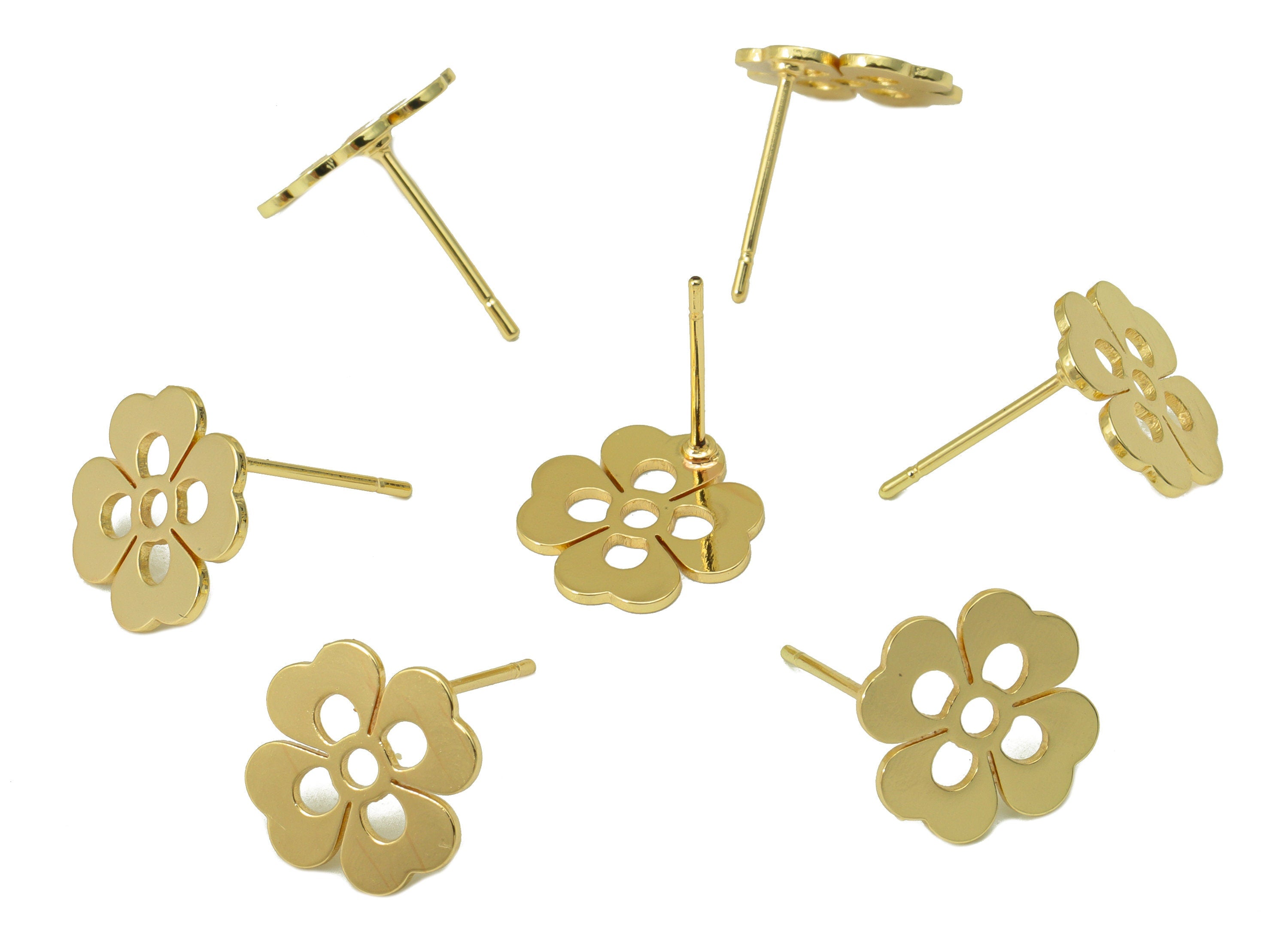 Brass Flower Earring Stud - Brass Heart Earring Post - Circle Gold Clover Earring Post - 18K Real Gold Plated - 11x11x0.65mm-RGP6582G - DOMEDBAZAAR