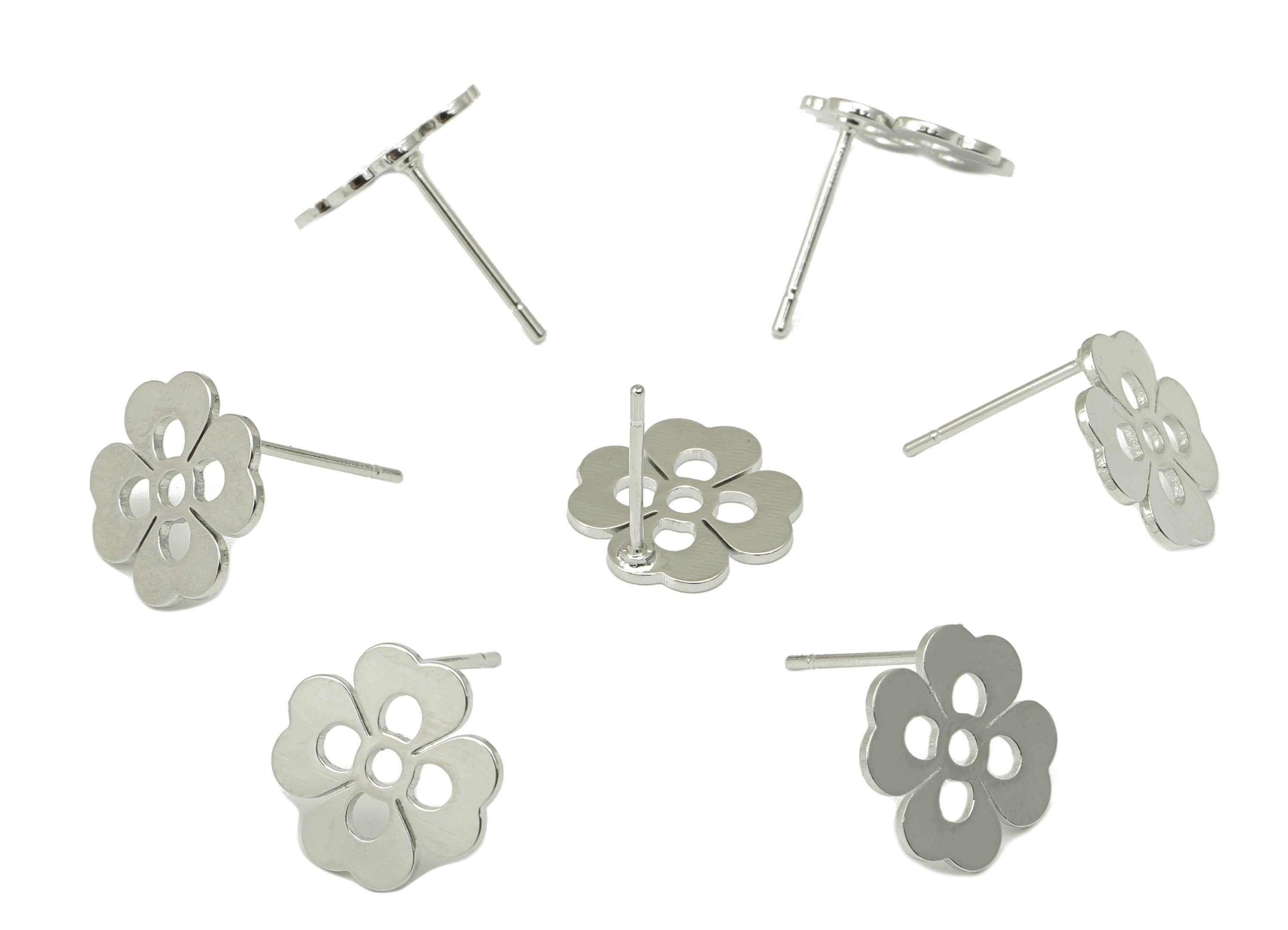 Brass Heart Earring Stud - Brass Flower Earring Post - Silver Clover Earring Post - 18K Real White Gold Plated -11.39x11.39x1mm-RGP6582S - DOMEDBAZAAR