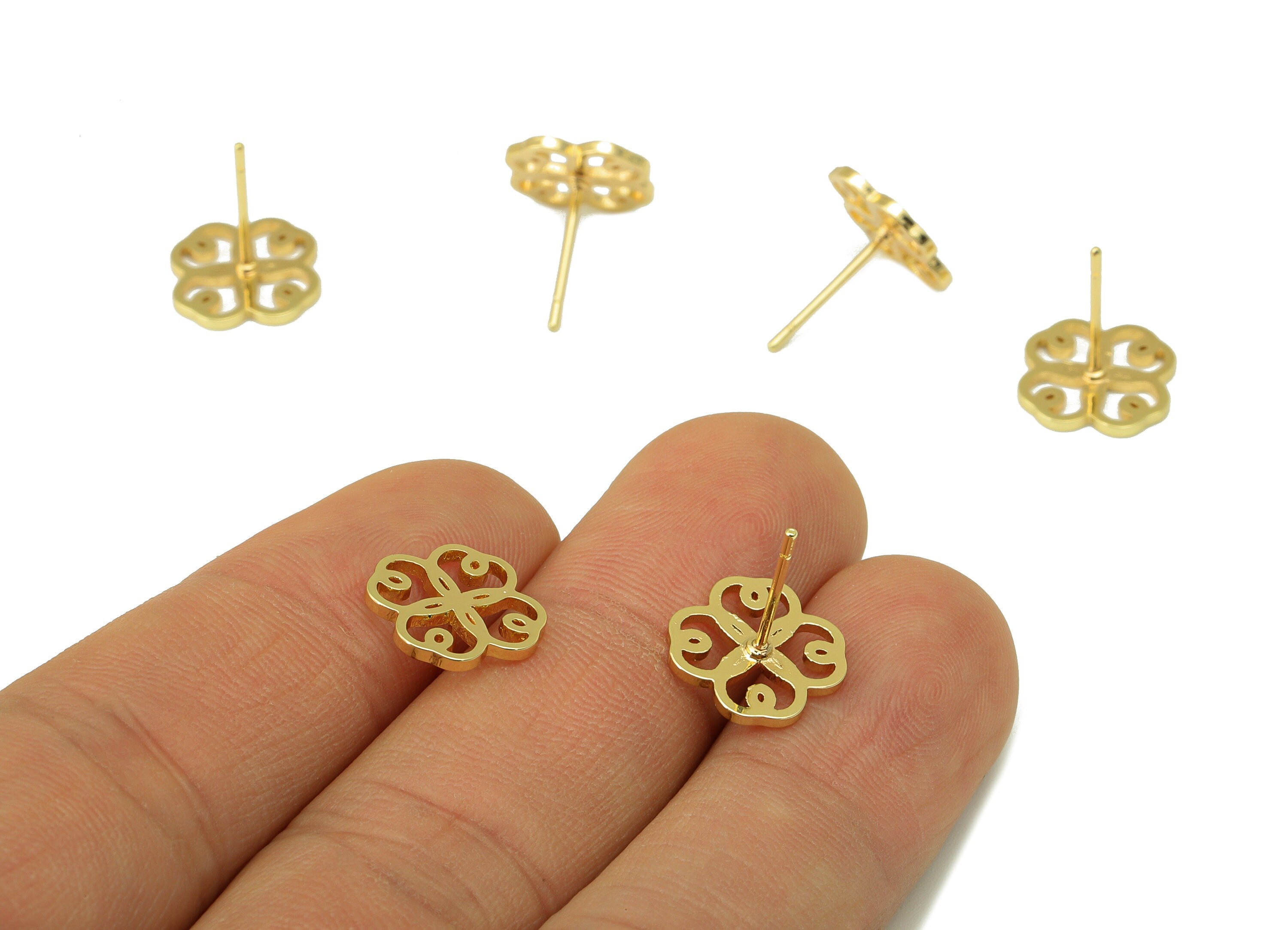 Brass Flower Earring Stud - Brass Window Cut Earring Post - Heart Gold Clover Earring Post - 18K Real Gold Plated - 11x11.08x0.95mm-RGP6583G - DOMEDBAZAAR