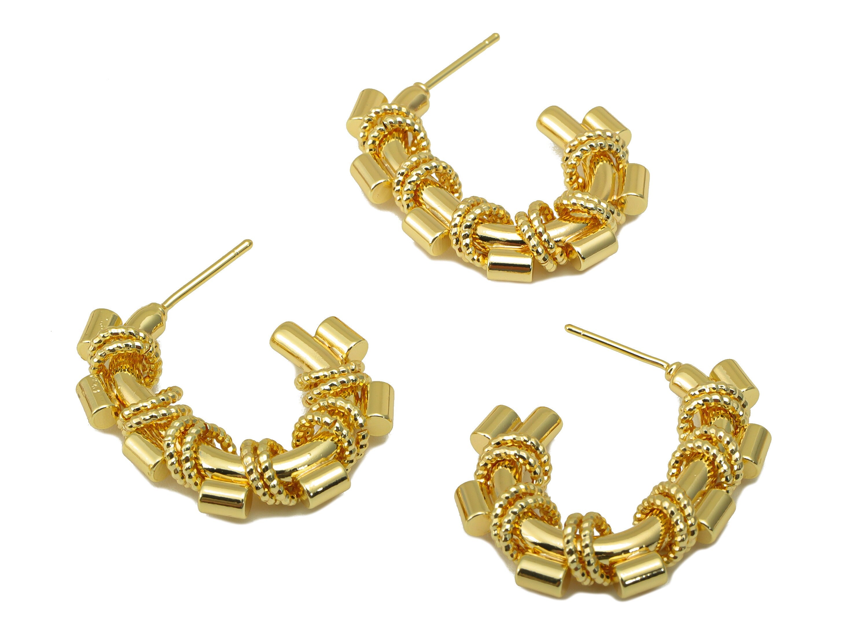 Brass Oval Rectangle Earring Stud - Cylinder Winding Chain Post - Beaded Hoop Earring - 18K Real Gold Plated - 31x24x5mm- RGP6252 - DOMEDBAZAAR