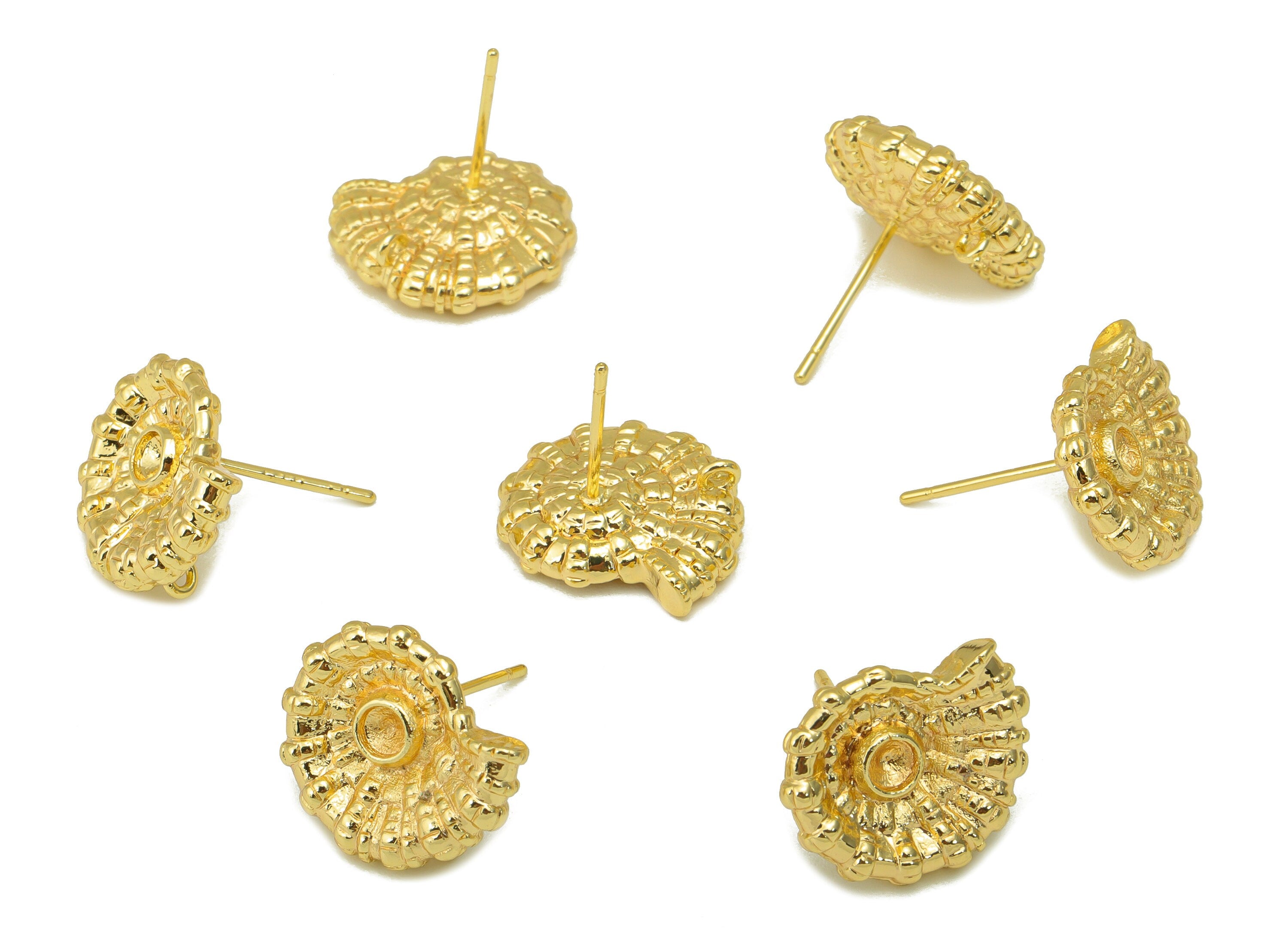 Brass Snail Earring Stud - Textured Snail Earring Post - Marine Post For Pearl- 18K Real Gold Plated -15.15x12.88x3.14mm- RGP6202 - DOMEDBAZAAR