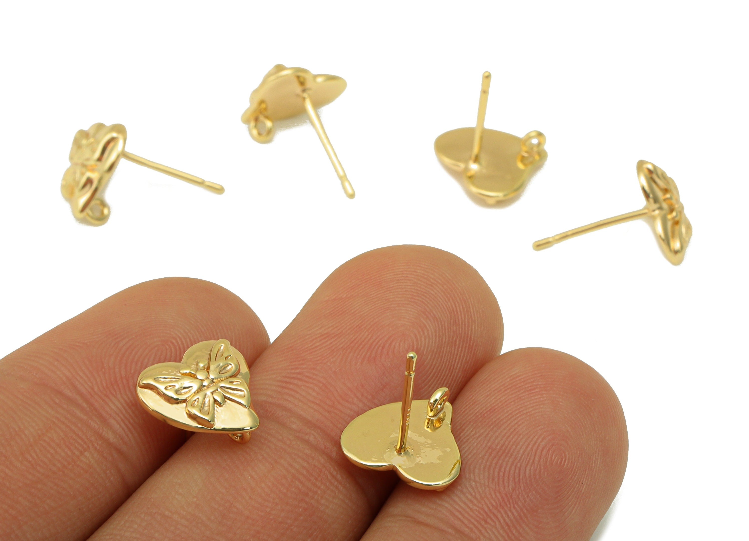 Brass Heart Earring Stud - Butterfly Earring Post - Butterfly Earring Post With Loop - 18K Real Gold Plated - 9.5x10.67x2.26mm- RGP6282 - DOMEDBAZAAR