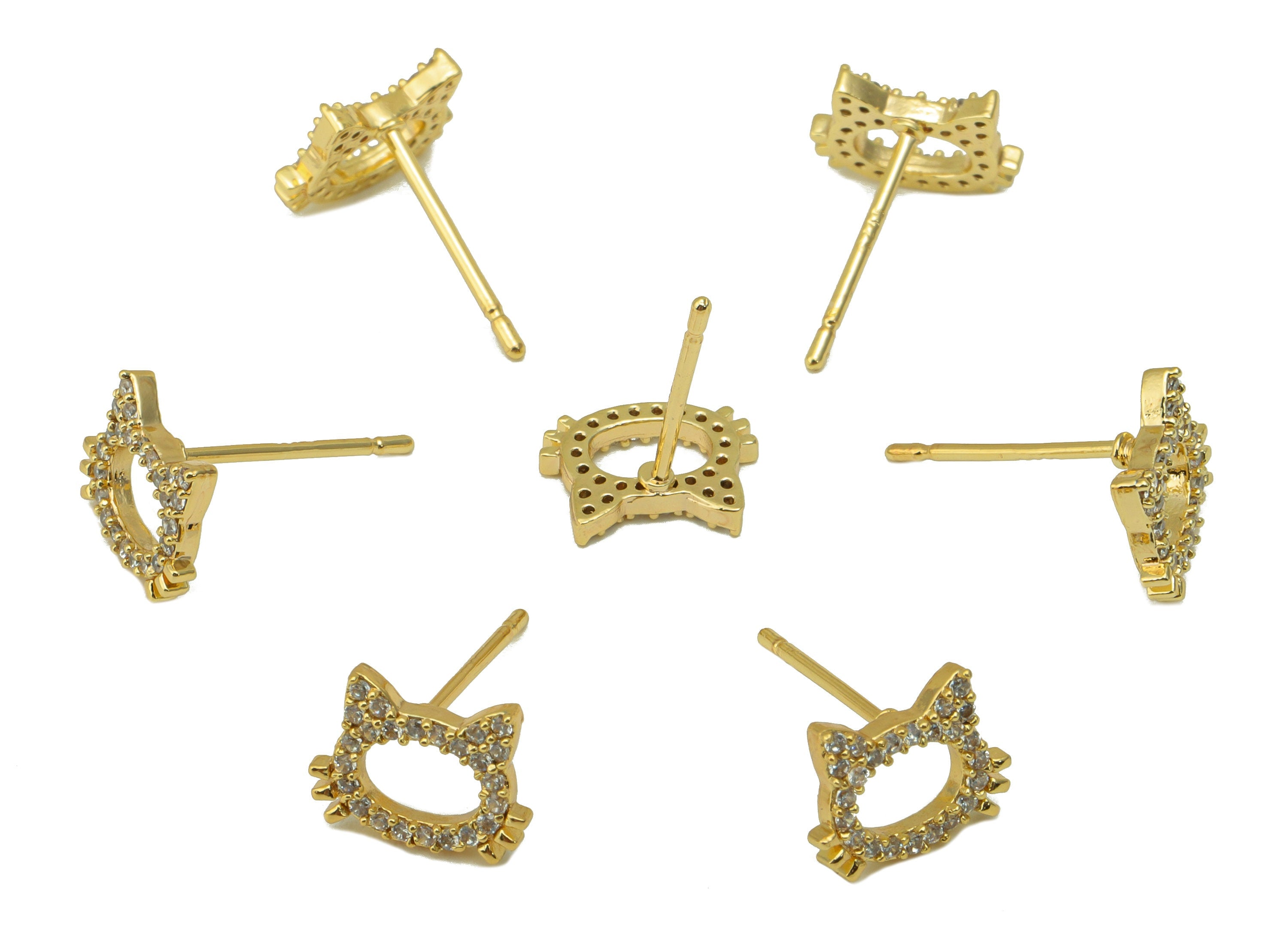 Brass Cat Earring Stud - Cubic Zircon Cat Head Earring Post - Hello Kitty Earring Post - 18K Real Gold Plated - 9.35x7.17x 1.52mm- RGP6241 - DOMEDBAZAAR