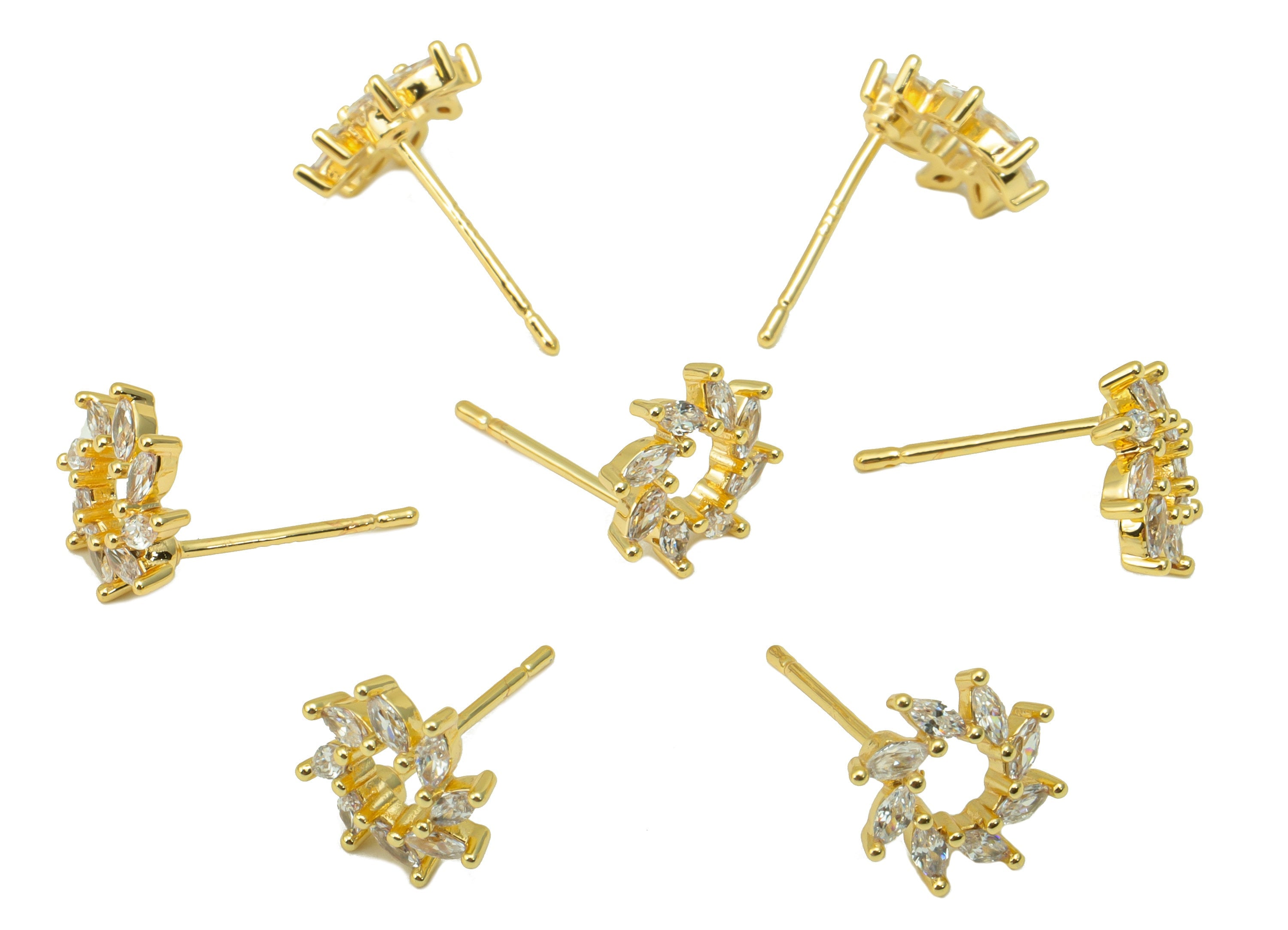Brass Windmill Earring Stud - Cubic Zircon Flower Head Earring Post - Marquise Earring Post - 18K Real Gold Plated - 9.5x 9x1.75mm- RGP6260 - DOMEDBAZAAR