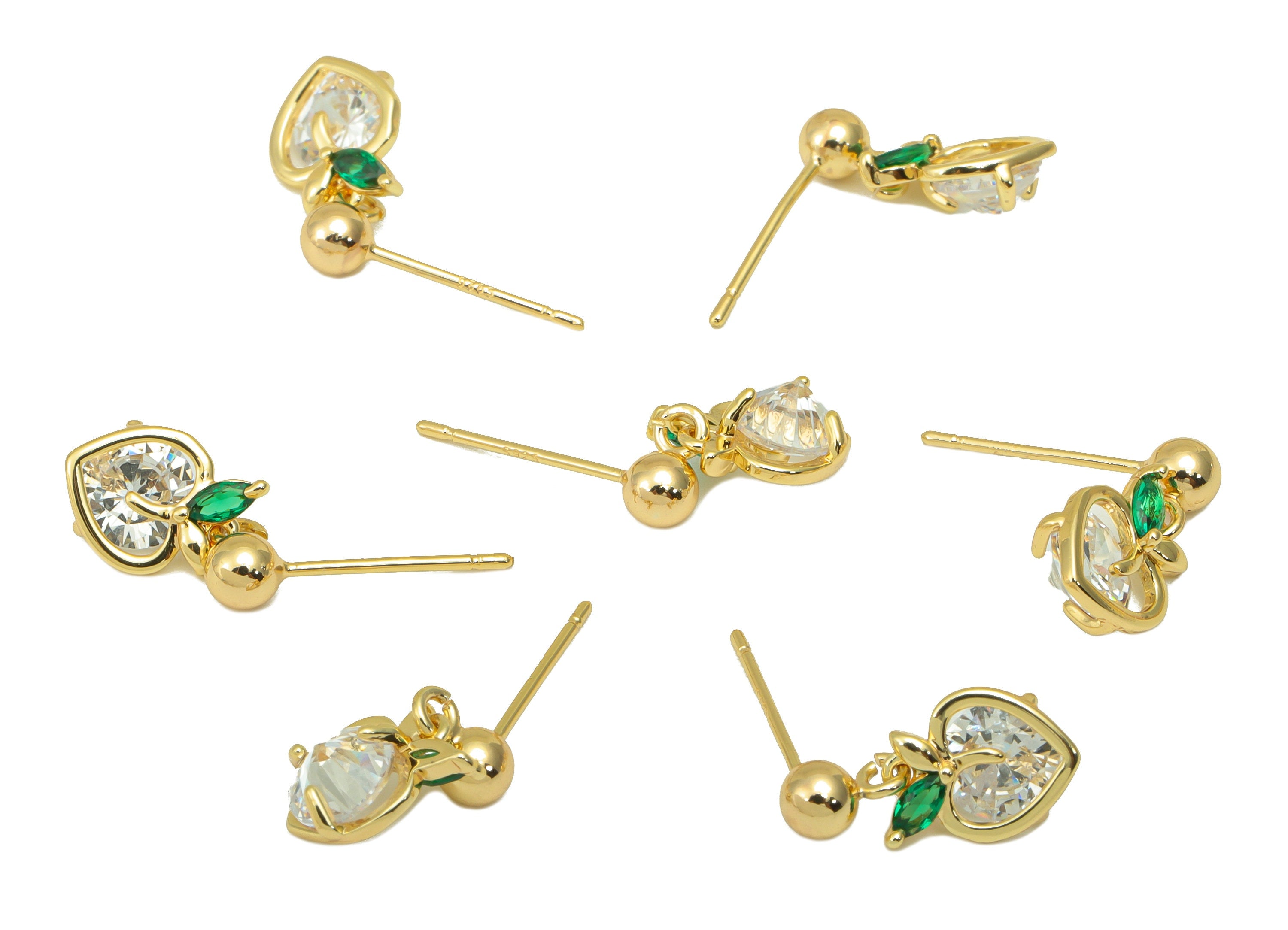 Brass Apple Earring Stud - Cubic Zircon Heart Head Earring Post - Green Leaf Earring Post - 18K Real Gold Plated - 14.95x7.7x4.48mm- RGP6272 - DOMEDBAZAAR