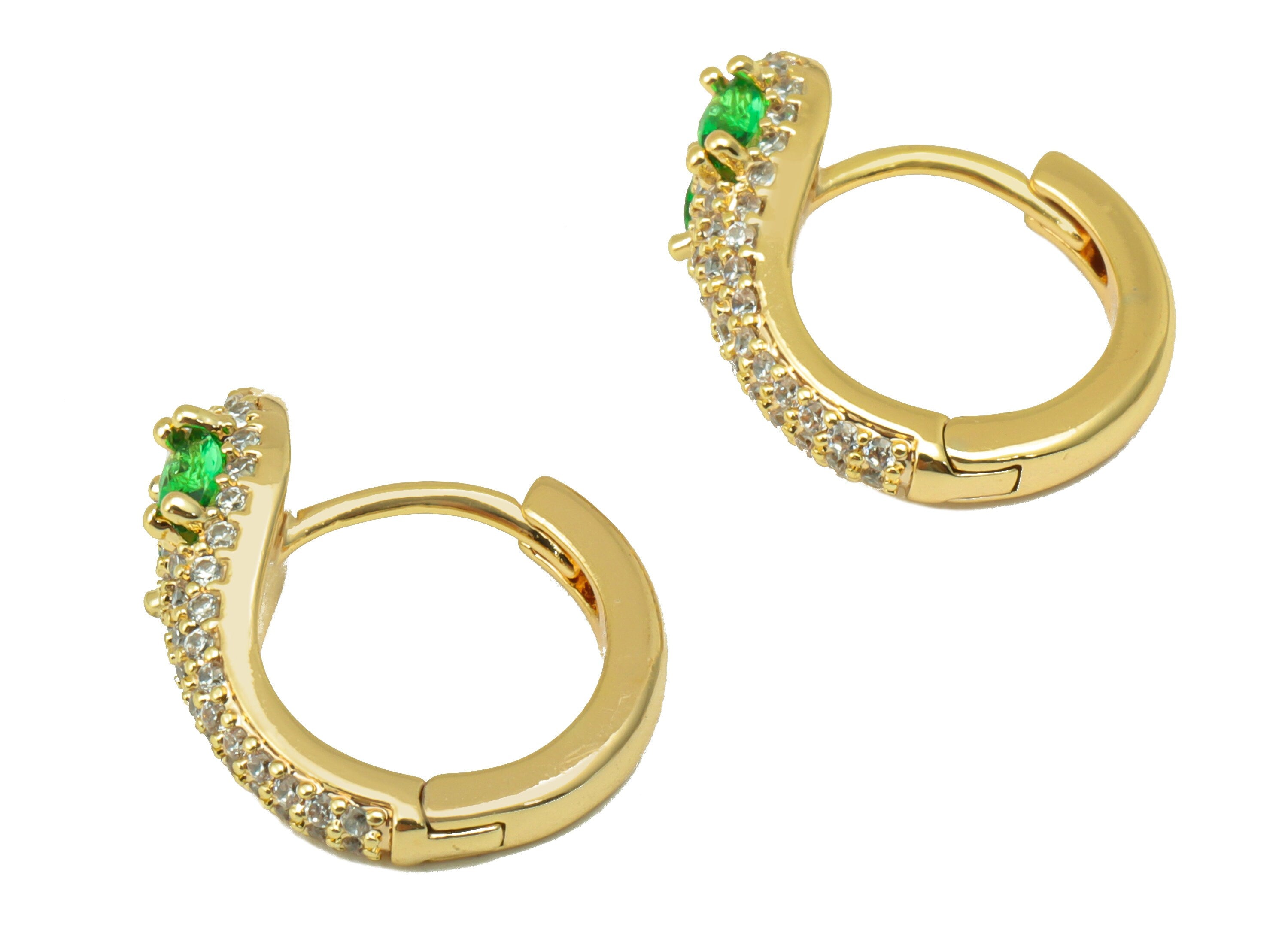 Brass Shake Clasp - Cubic Zircon Huggie Clasp - Green Hoop Clasp - CZ Snake Clasp Huggie - 18K Real Gold Plated - 16.51x15x 2.23mm- RGP6269 - DOMEDBAZAAR