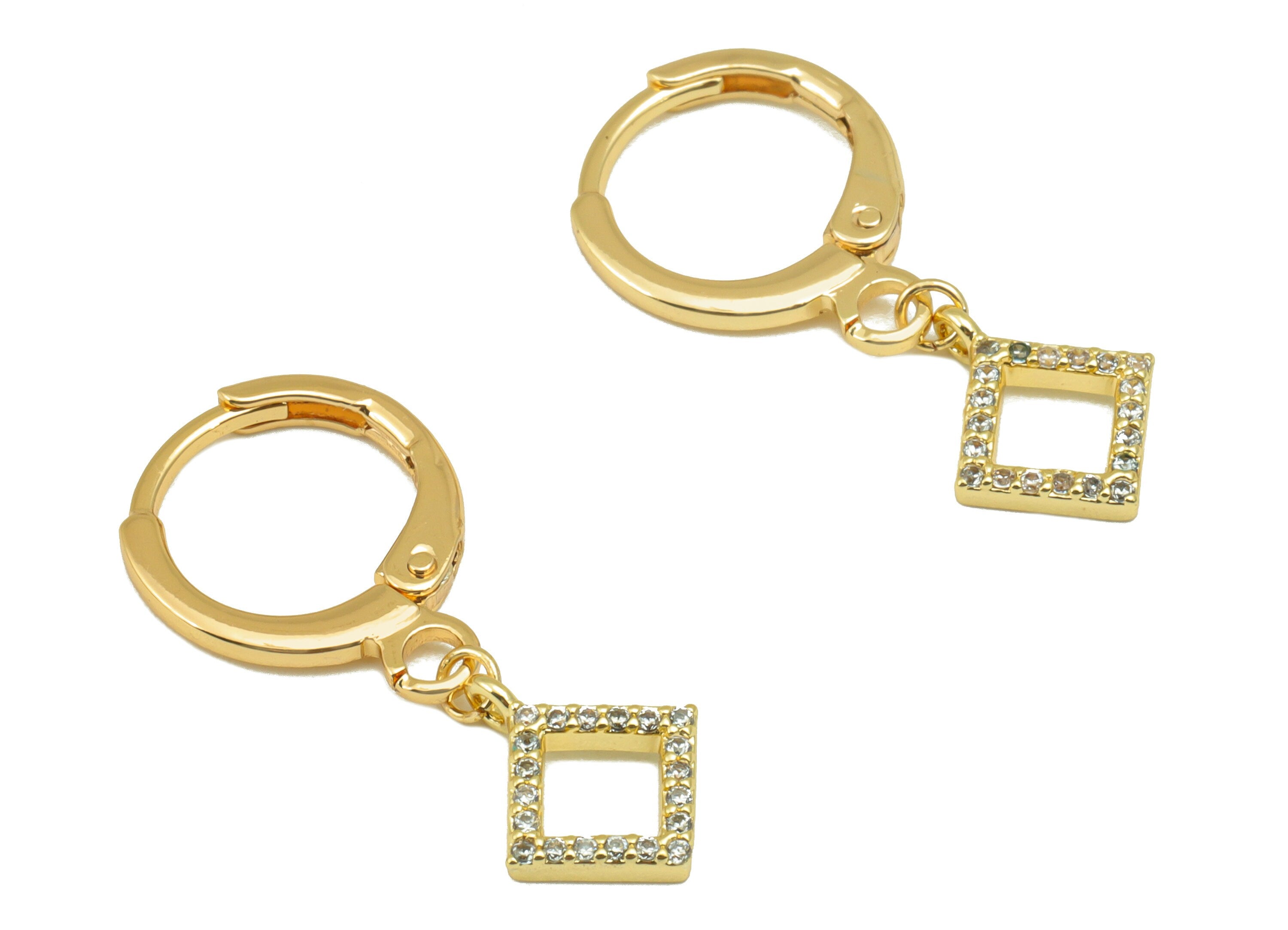 Brass Square Clasp - Cubic Zircon Huggie Clasp - Lever Back Hoop Clasp - CZ Clasp Huggie - 18K Real Gold Plated -25.45x11.19x1.77mm- RGP6041 - DOMEDBAZAAR
