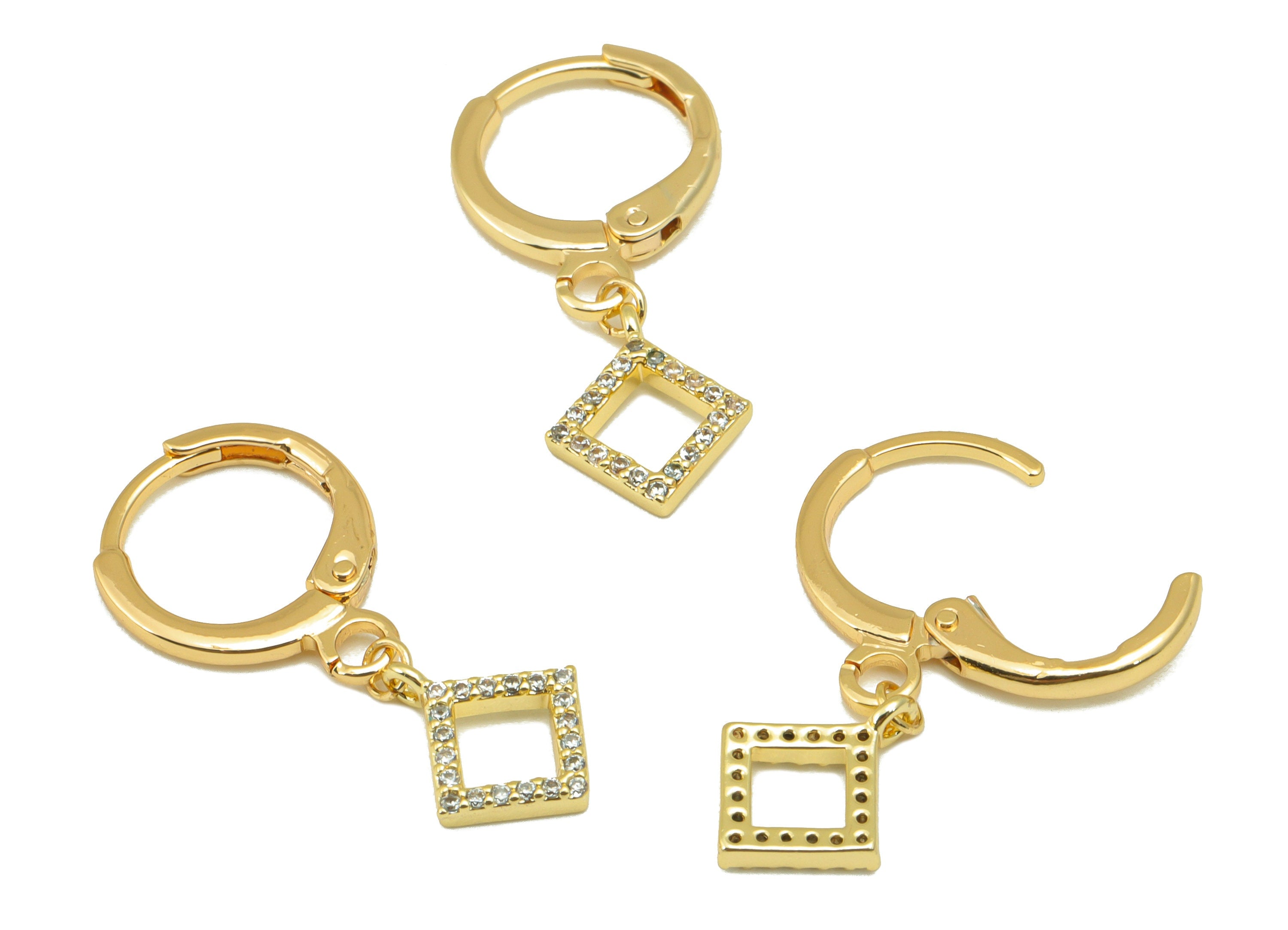 Brass Square Clasp - Cubic Zircon Huggie Clasp - Lever Back Hoop Clasp - CZ Clasp Huggie - 18K Real Gold Plated -25.45x11.19x1.77mm- RGP6041 - DOMEDBAZAAR