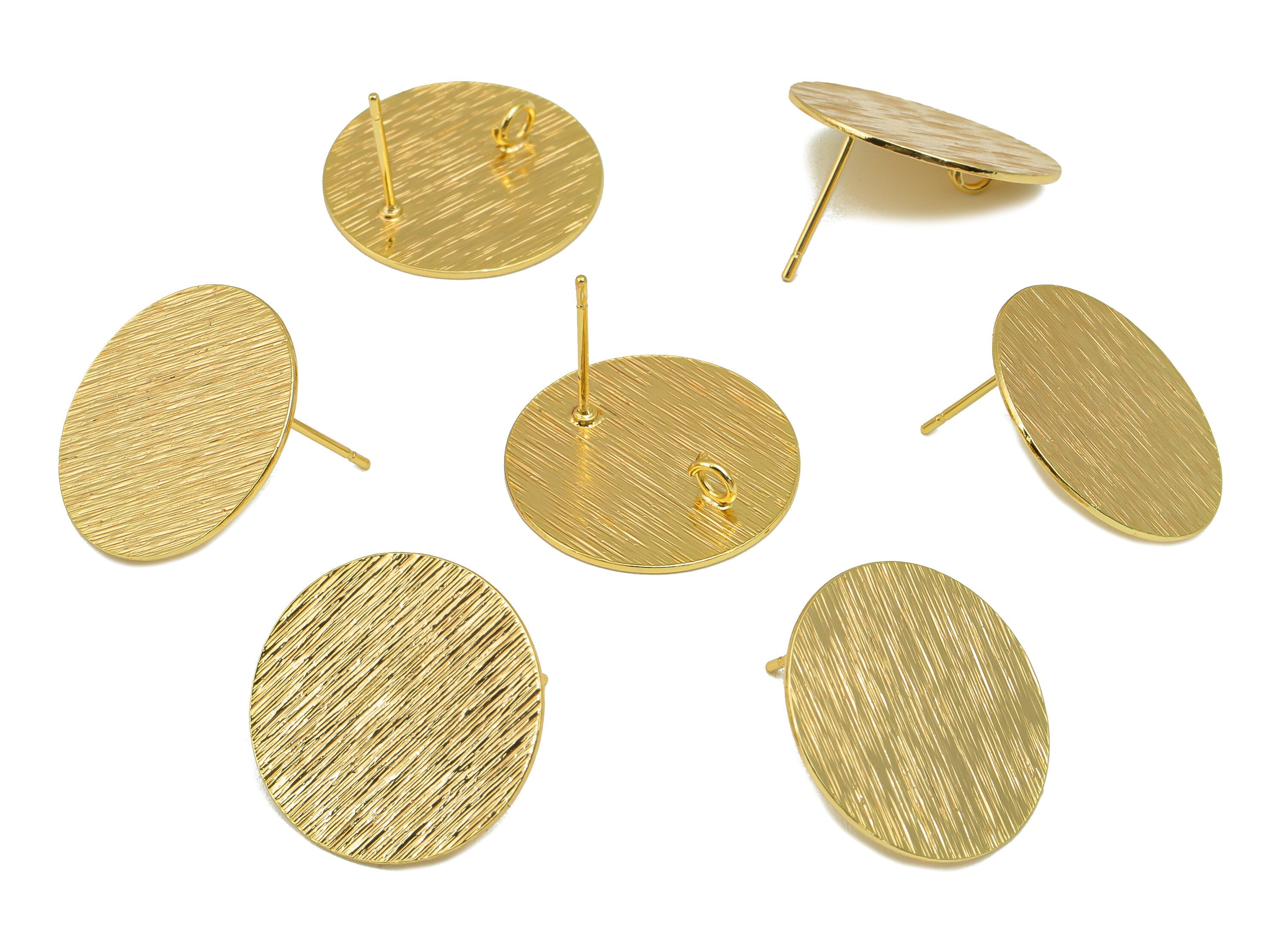 Brass Round Earring Stud - Brass Circle Earring Post - Brass Textured Post with Loop - 18K Real Gold Plated -20.48x20x4.38mm- RGP6690 - DOMEDBAZAAR