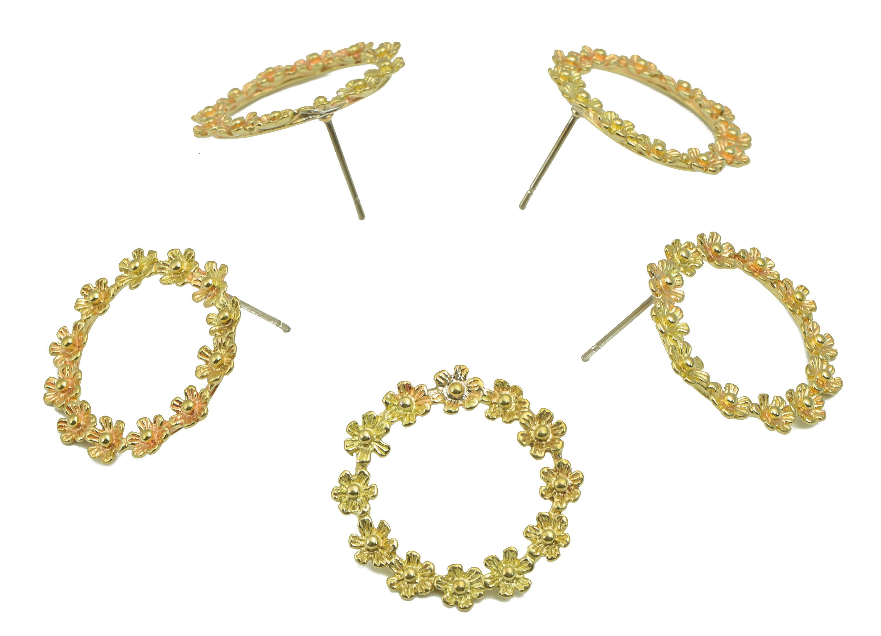 Brass Hoop Flower Crown Stud - Raw Brass Wreath Earring Post - Botanical Stud Earring - Brass Daisy Crown Earring - 22x22x2.04mm - PP8600 - DOMEDBAZAAR