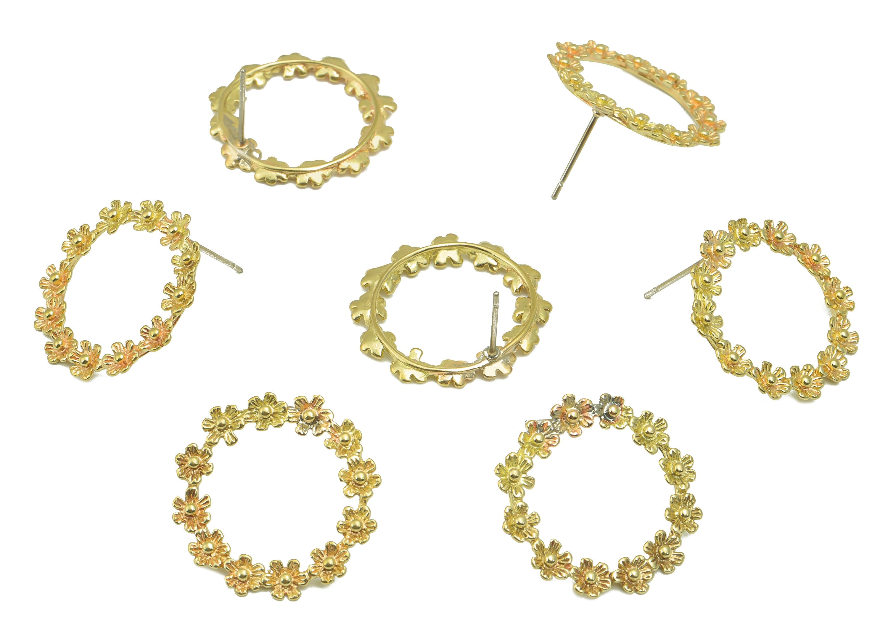 Brass Hoop Flower Crown Stud - Raw Brass Wreath Earring Post - Botanical Stud Earring - Brass Daisy Crown Earring - 22x22x2.04mm - PP8600 - DOMEDBAZAAR