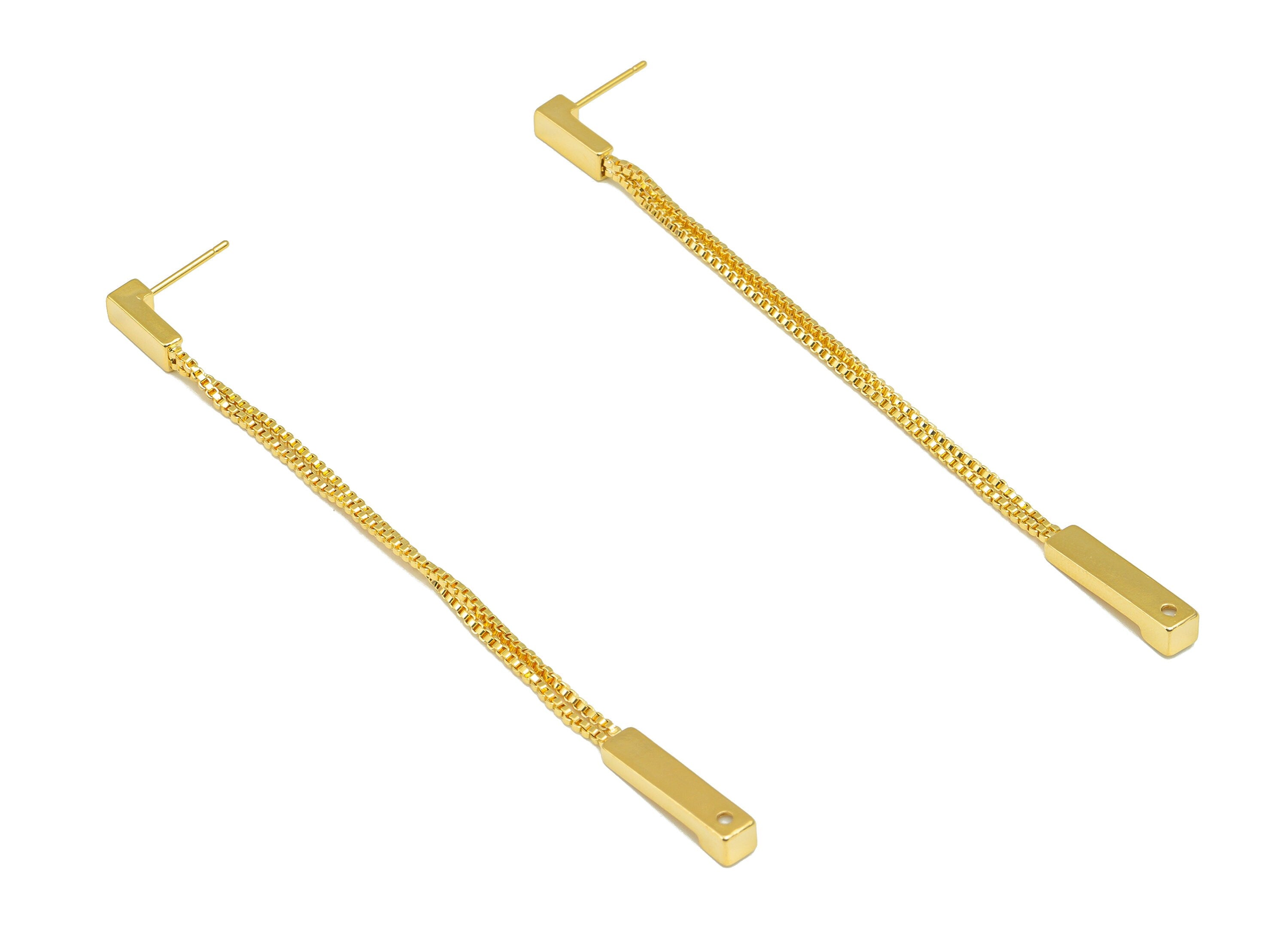 Brass Chain Earring Stud - Rectangle Earring Post - Hanging Chain Earring Post -Cube Chain Earring- 18K Real Gold Plated-92x4x4mm- RGP6689 - DOMEDBAZAAR