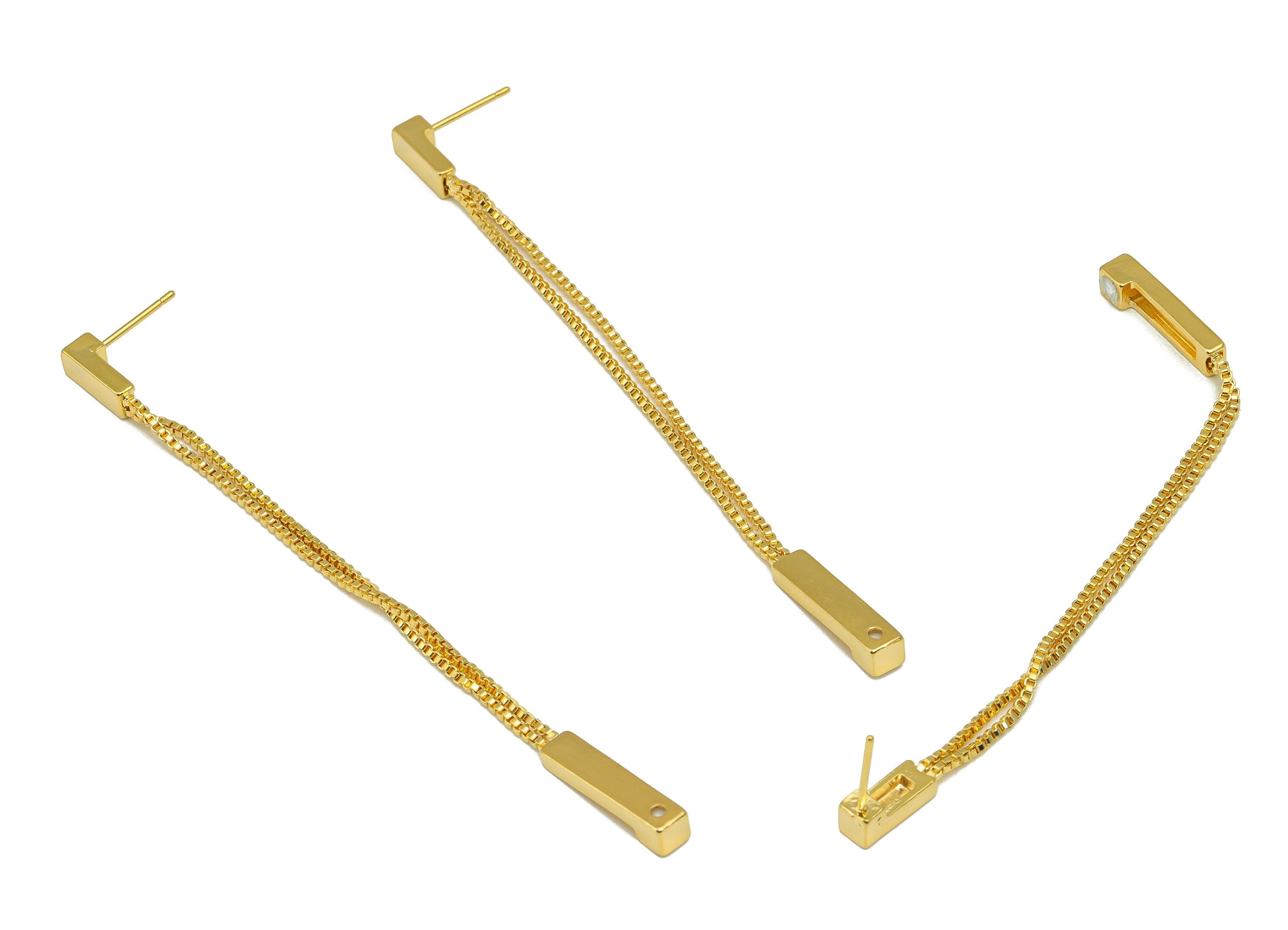Brass Chain Earring Stud - Rectangle Earring Post - Hanging Chain Earring Post -Cube Chain Earring- 18K Real Gold Plated-92x4x4mm- RGP6689 - DOMEDBAZAAR
