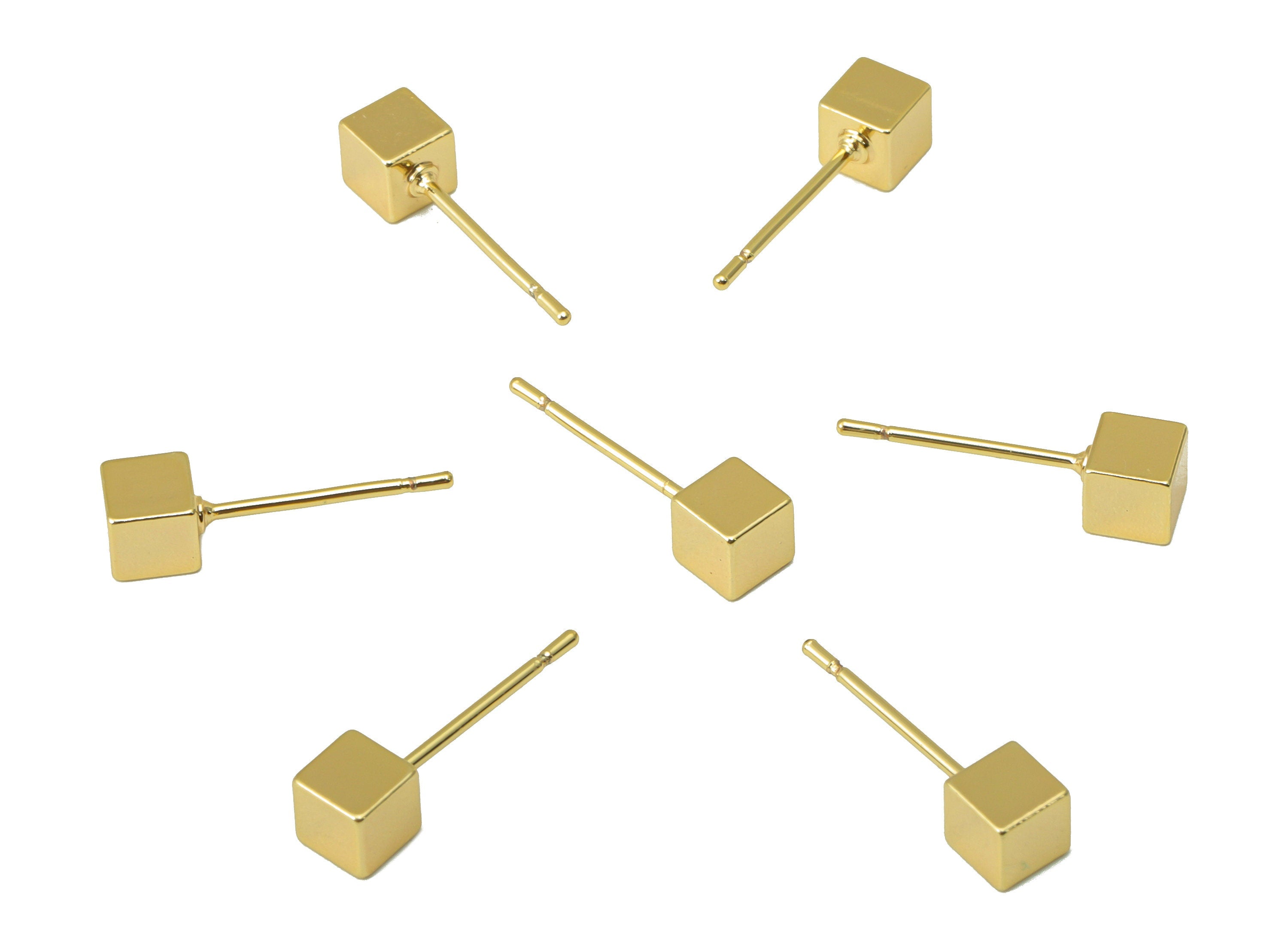 Brass Cube Earrings Stud - Brass Geometry Earring Post - Gold Cube Earring Post - 18K Real Gold Plated -4.03x4.03x4.23mm- RGP6244 - DOMEDBAZAAR