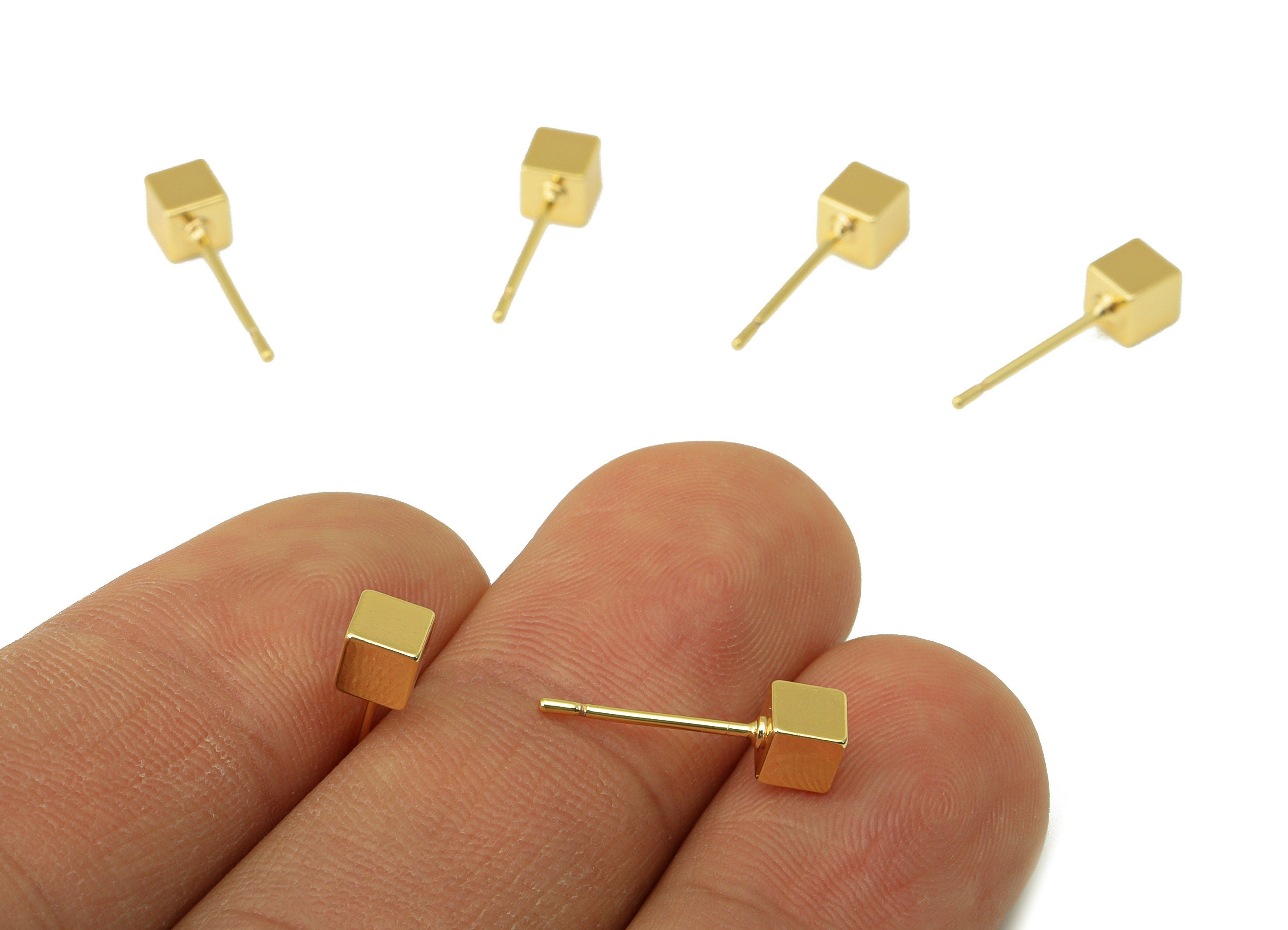 Brass Cube Earrings Stud - Brass Geometry Earring Post - Gold Cube Earring Post - 18K Real Gold Plated -4.03x4.03x4.23mm- RGP6244 - DOMEDBAZAAR