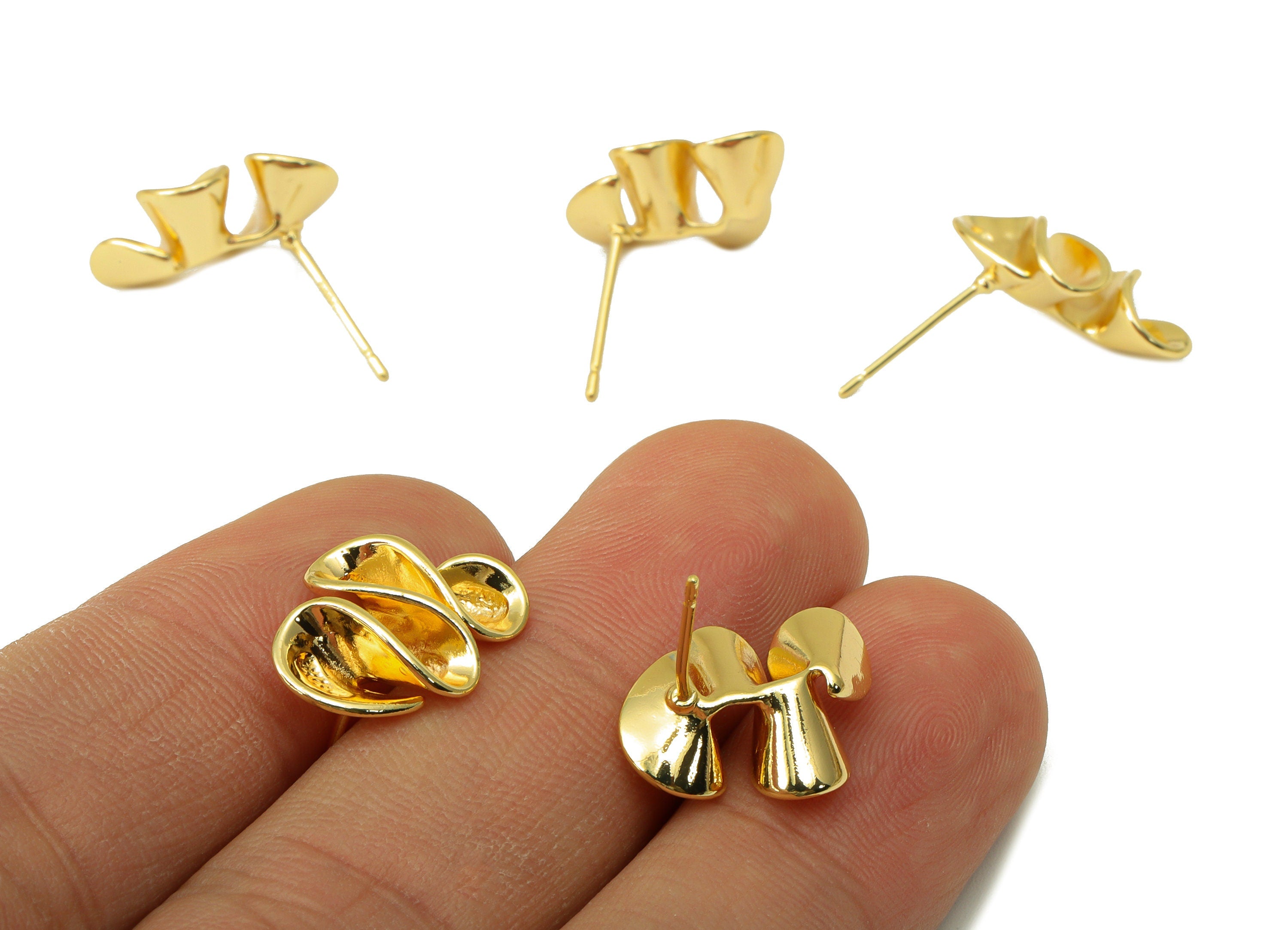 Brass Twisted Stud Earring - Brass Wavy Bent Earring Post - Brass Spiral Earring Post - 18K Real Gold Plated - 16.84x13.11x 0.81mm- RGP6204 - DOMEDBAZAAR