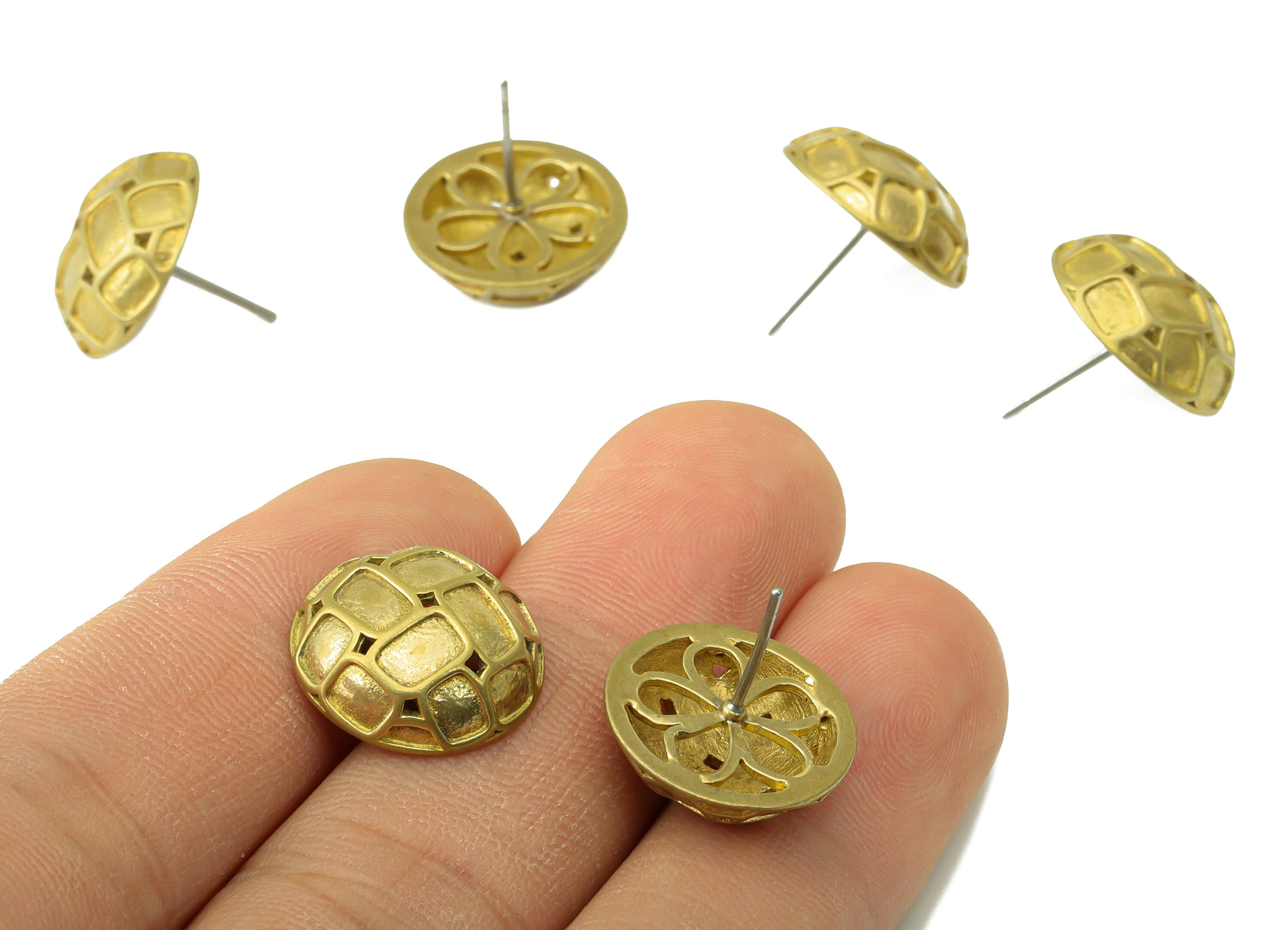 Brass Round Earring Stud –Raw Brass Textured Button Stud -Hollow Circle Stud -Flower Earring Post -Jewelry Supplies- 15.95x15.95x5mm-PP8486 - DOMEDBAZAAR