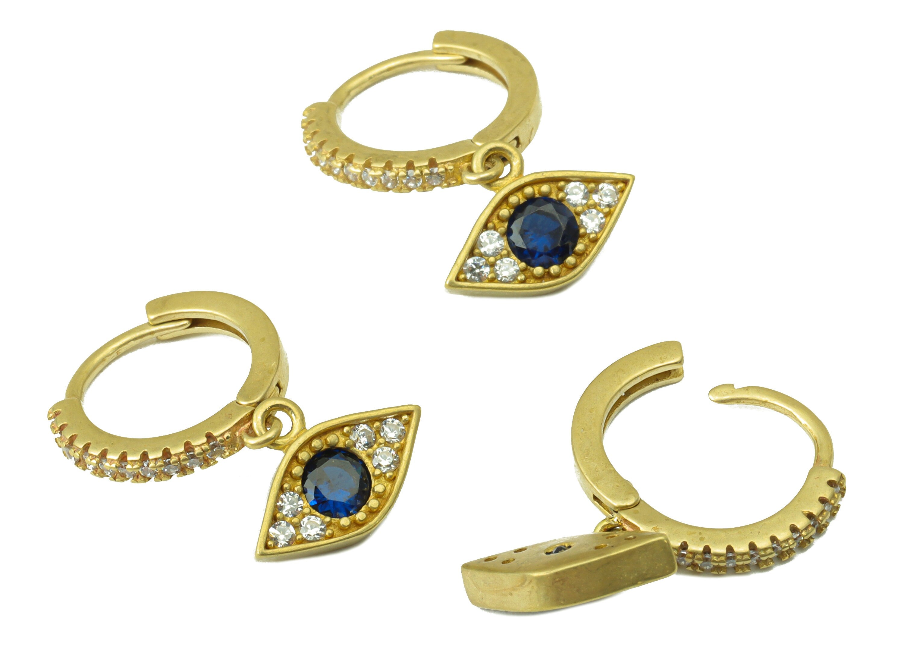 Brass Evil Eyes Clasp –Raw Brass Huggie Hoop  - Cubic  Zircon Blue Eye Earring Clasp - Jewelry Supplies - 20.71x12.68x1.85mm - PP8475 - DOMEDBAZAAR