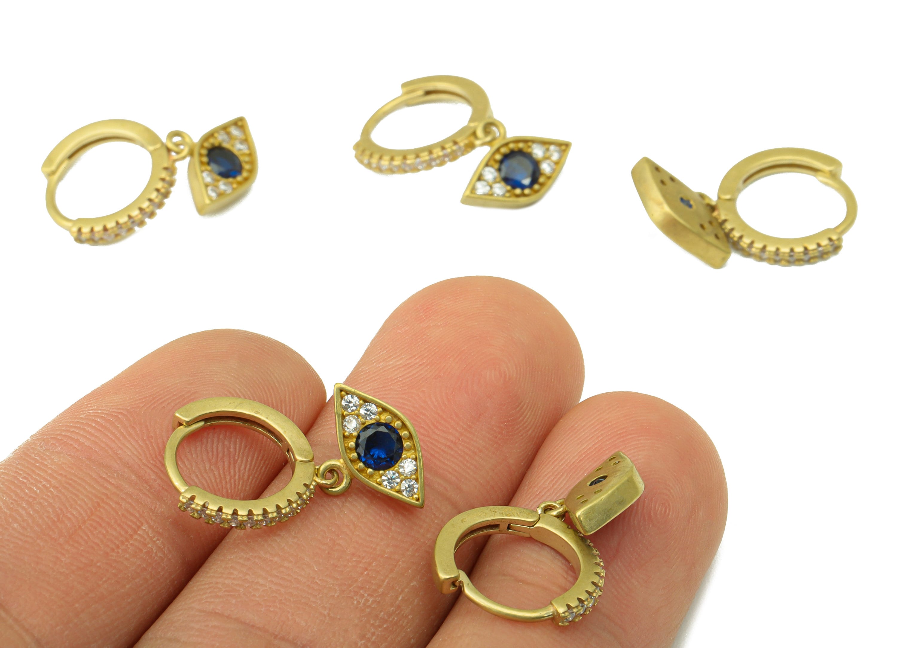 Brass Evil Eyes Clasp –Raw Brass Huggie Hoop  - Cubic  Zircon Blue Eye Earring Clasp - Jewelry Supplies - 20.71x12.68x1.85mm - PP8475 - DOMEDBAZAAR