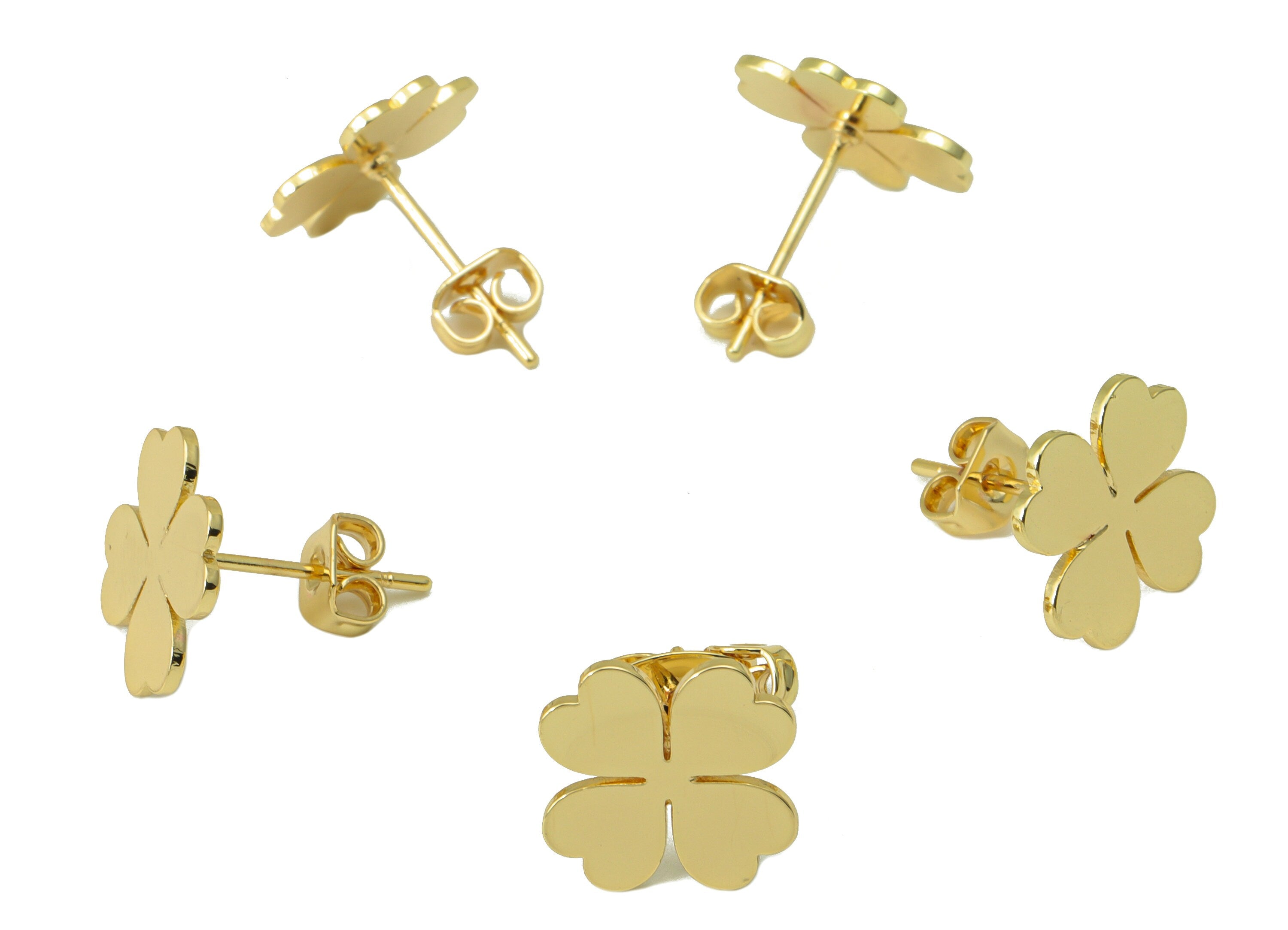 Brass Heart Earring Stud - Brass Heart Earring Post - Four Leaf Clover - Gold Clover Earring- 18K Real Gold Plated - 11x 11x 0.63mm-RGP6585G - DOMEDBAZAAR