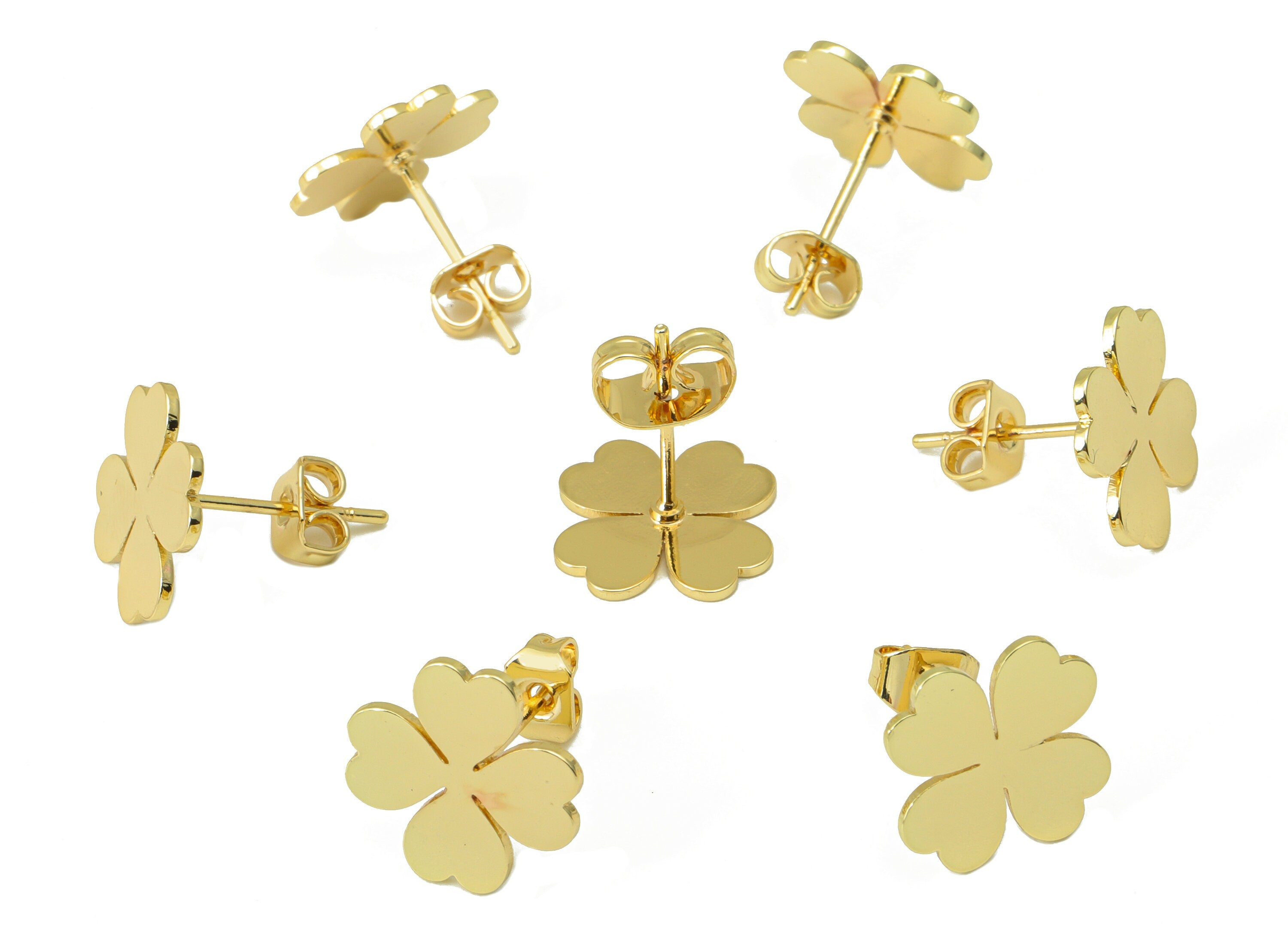 Brass Heart Earring Stud - Brass Heart Earring Post - Four Leaf Clover - Gold Clover Earring- 18K Real Gold Plated - 11x 11x 0.63mm-RGP6585G - DOMEDBAZAAR