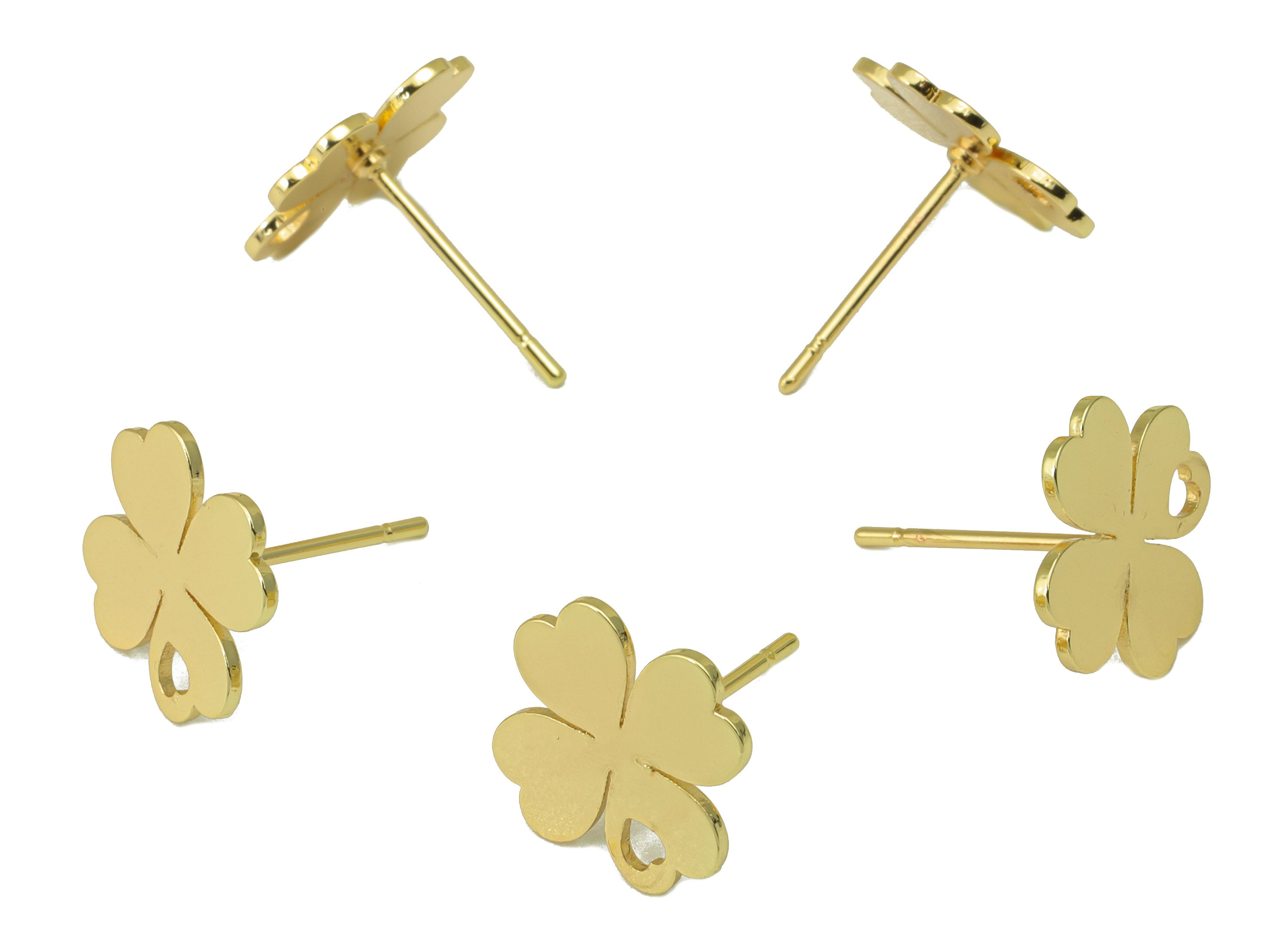 Brass Heart Earring Stud - Heart Earring Post With Hole - Four Leaf Clover - Gold Clover Earring- 18K Real Gold Plated - 11x11x1mm-RGP6584G - DOMEDBAZAAR