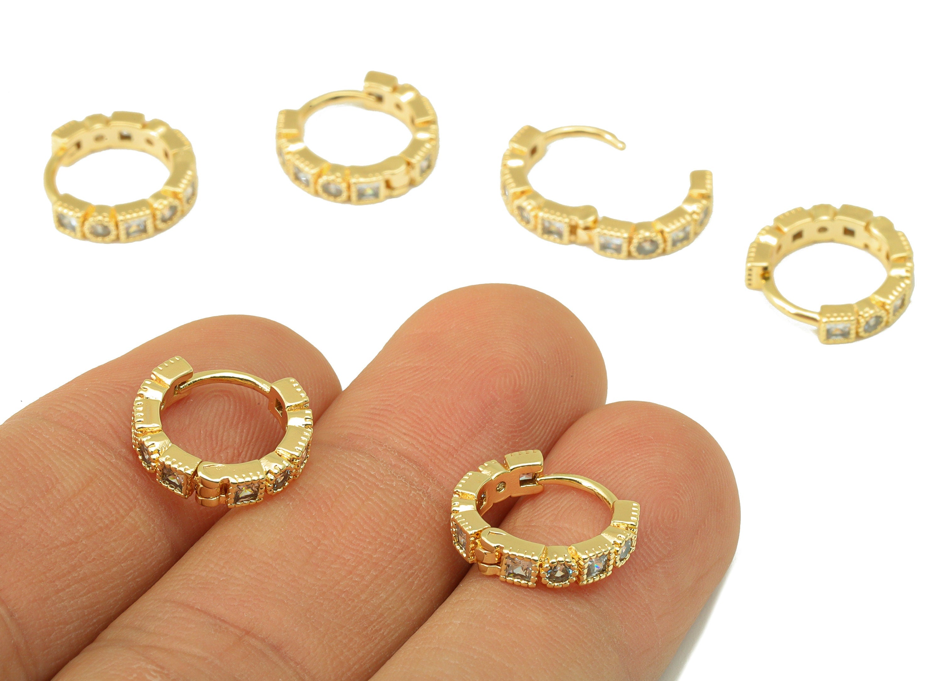 Brass Hoop Earring Clasp - Brass Square Textured Clasp -Mini Ring Cubic Zirconia Huggie Clasp -18K Real Gold Plated- 13.8x13x1.94mm -RGP6524 - DOMEDBAZAAR