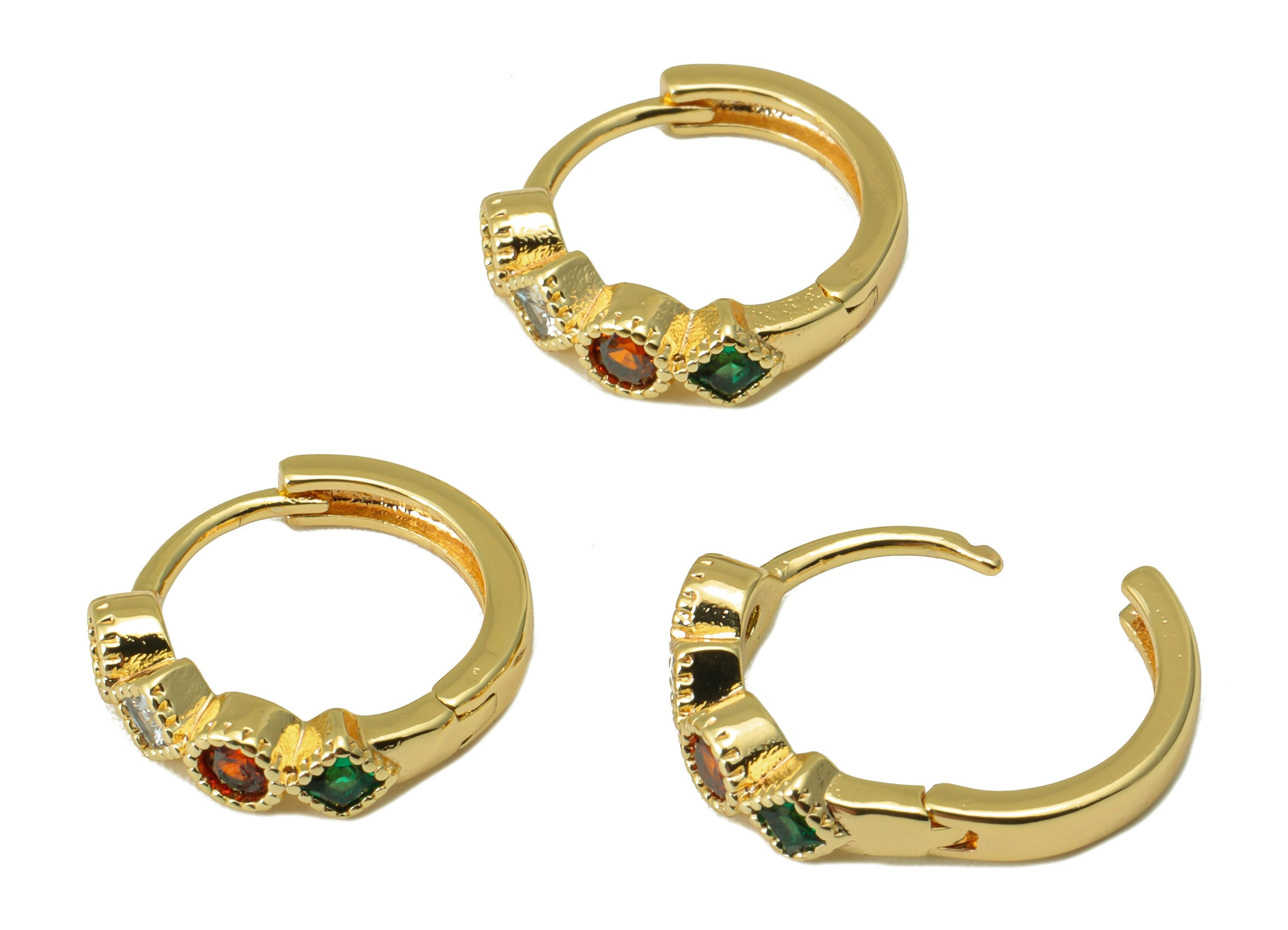 Brass Hoop Earring Clasp - Green Square Earring Clasp - Red Cubic Zirconia Huggie Clasp -Ring Clasp -18K Real Gold Plated-14x13x2mm -RGP6527 - DOMEDBAZAAR