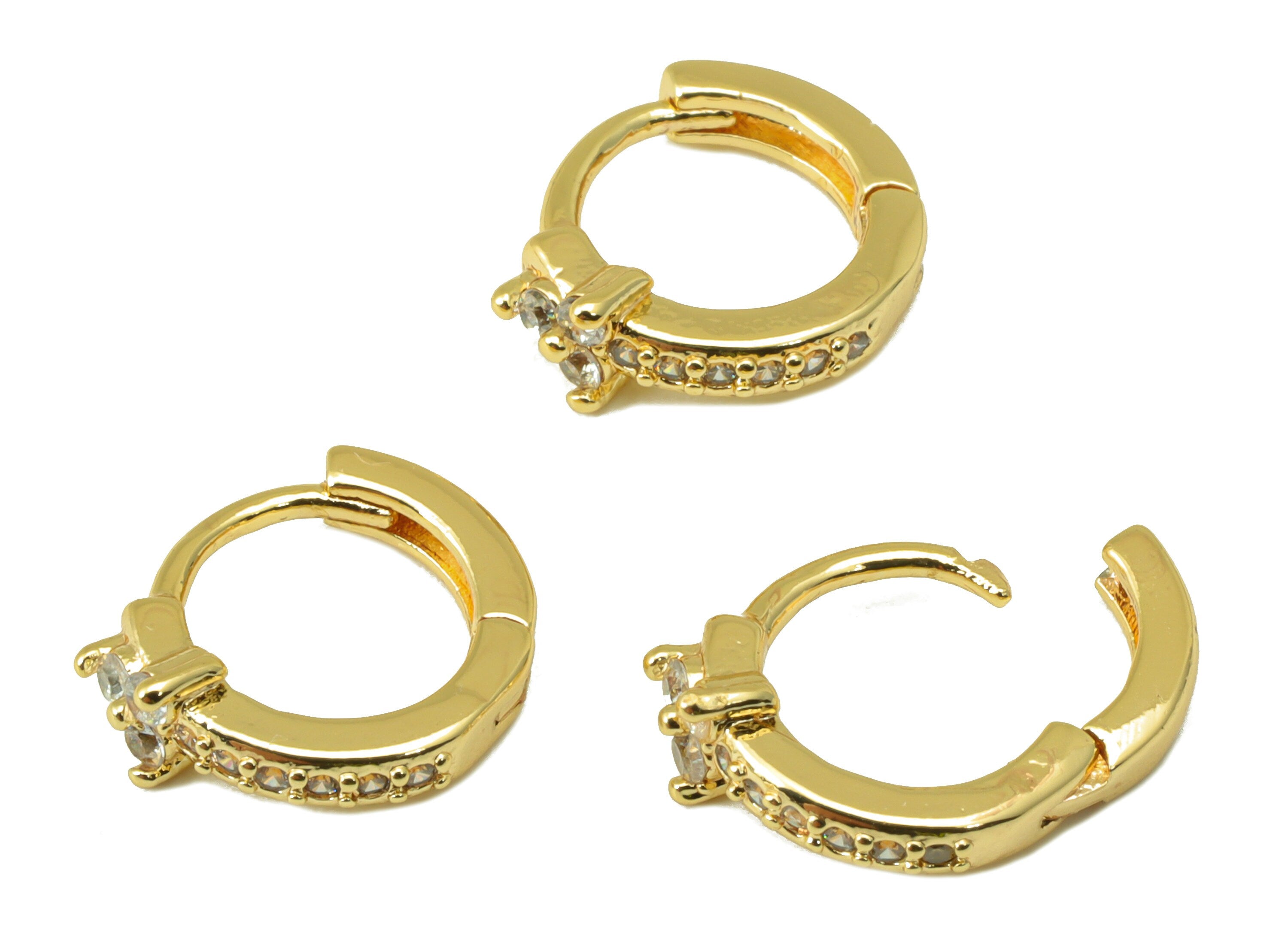Brass Hoop Earring Clasp - Flower CZ Huggie Clasp - Round Cubic Zircon Hoop Clasp - Mini Ring Clasp -18K Real Gold Plated-12x10x3mm -RGP6548 - DOMEDBAZAAR