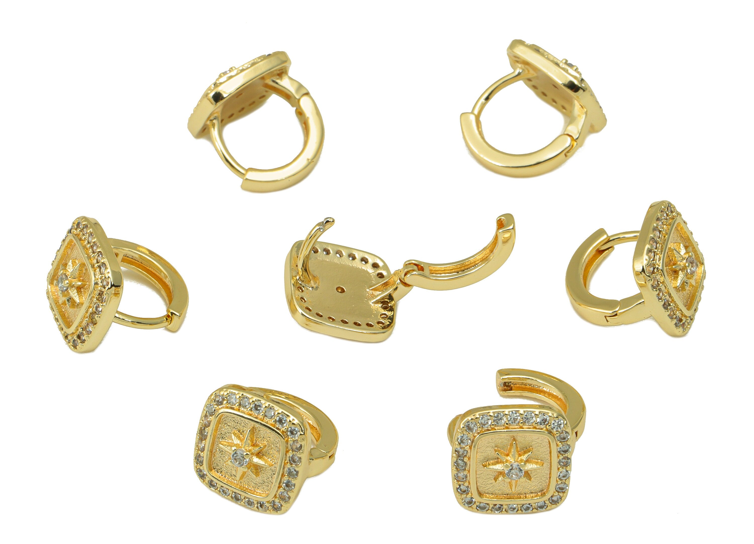 Brass Hoop Earring Clasp - Textured Square Clasp - Cubic Zircon Huggie Star - CZ Ring - 18K Real Gold Plated - 11.8x10.56x2.97mm - RGP6562 - DOMEDBAZAAR