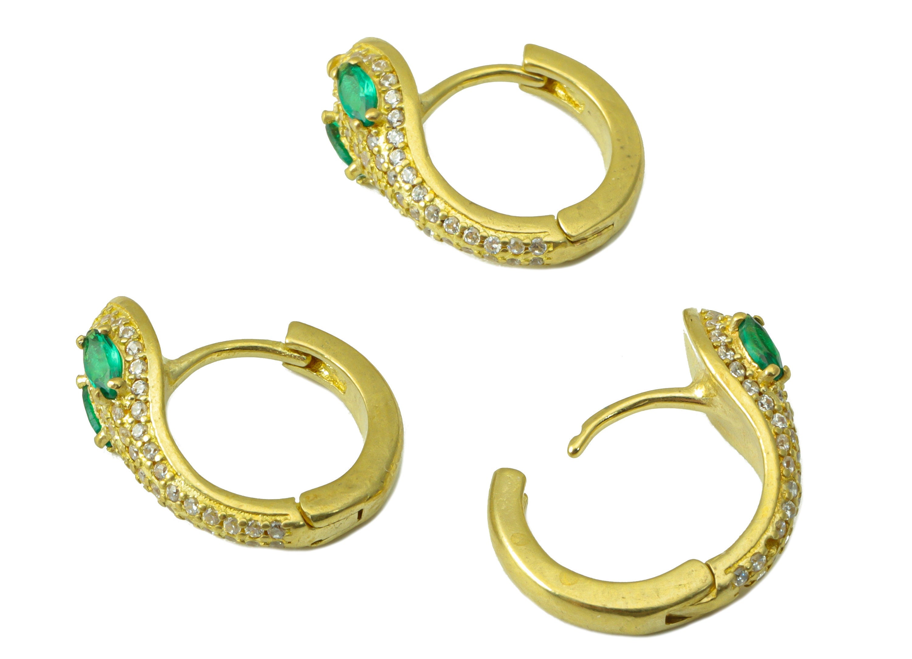 Brass Snake Pattern Clasp - Raw Brass Green CZ Eye Snake Earring Clasp - Cubic Zircon Huggie  Hoop -Jewelry Supplies - 15x16x2.44mm - PP8414 - DOMEDBAZAAR