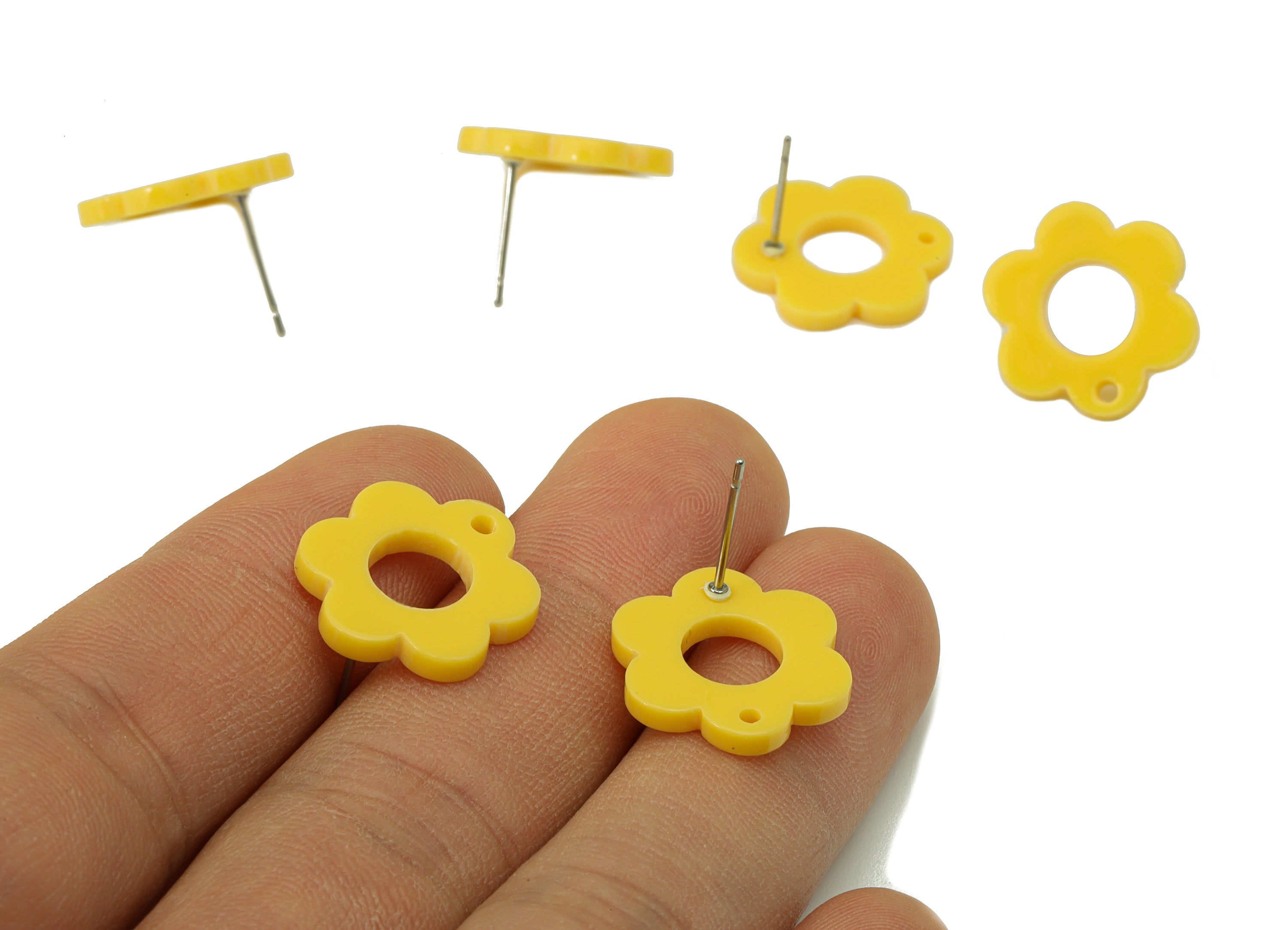 Acrylic Flower Earring Stud - Matte Yellow Earring Post - Yellow Flower Earring Post - Flower Ring - Color Code: A892-17x12x2mm-AC2428-A892 - DOMEDBAZAAR