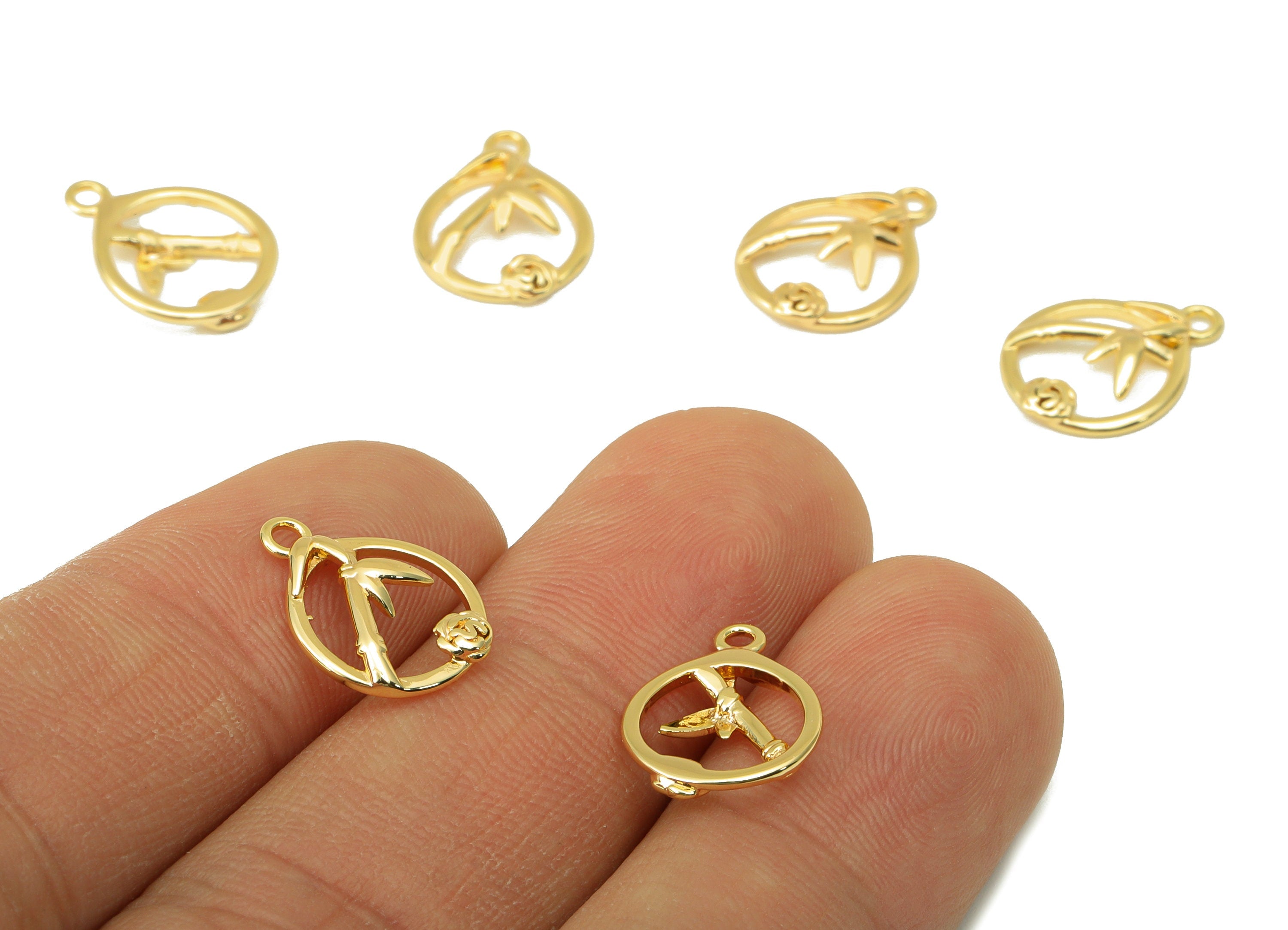 Brass Bamboo Earring Charm - Brass Leaf Earring Charms - Botanical Pendant - for Necklace - 18K Real Gold Plated -14.66x10.85x2.18mm-RGP6321 - DOMEDBAZAAR