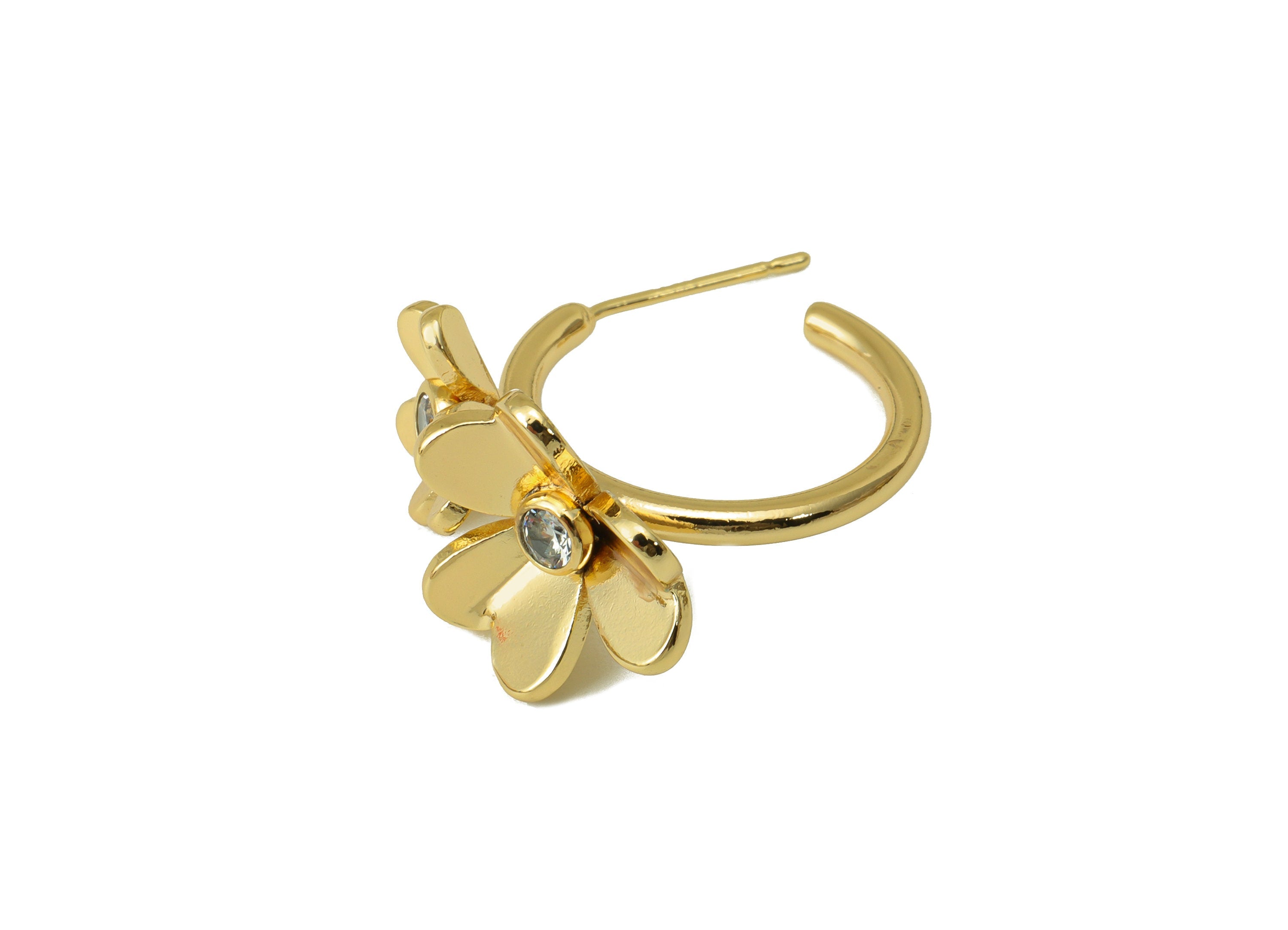 Brass Flower Earring Stud - Brass Cubic Zirconia Earring Post - Daisy Post -Flower Earring Hoop -18K Real Gold Plated - 30x21x5.5mm- RGP6414 - DOMEDBAZAAR