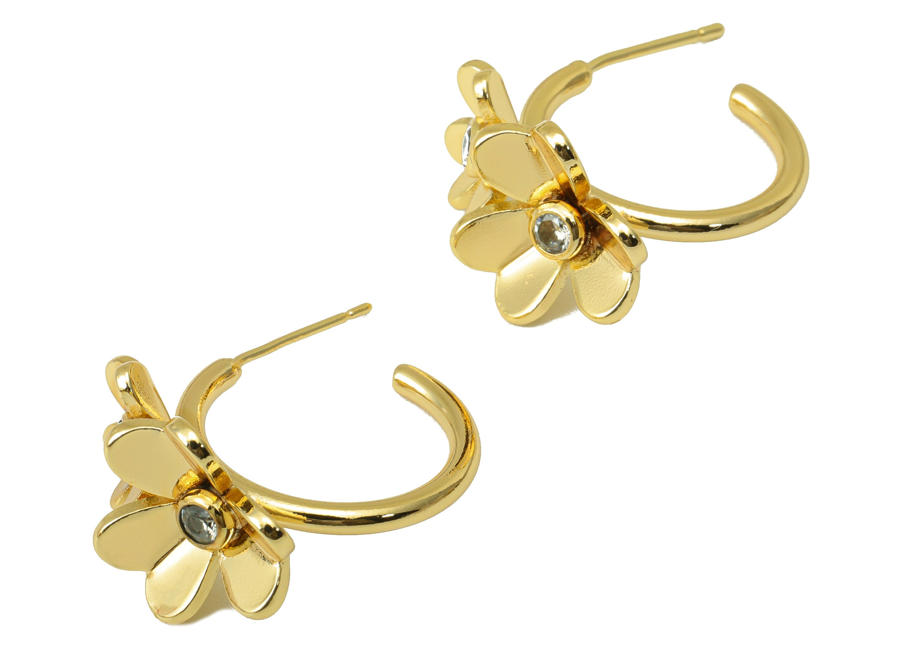 Brass Flower Earring Stud - Brass Cubic Zirconia Earring Post - Daisy Post -Flower Earring Hoop -18K Real Gold Plated - 30x21x5.5mm- RGP6414 - DOMEDBAZAAR