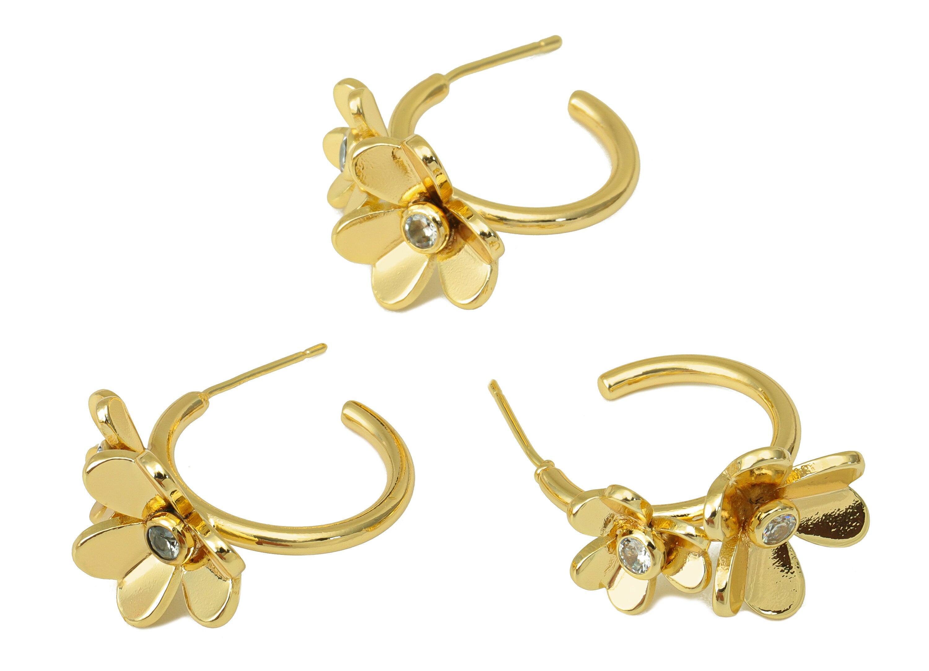 Brass Flower Earring Stud - Brass Cubic Zirconia Earring Post - Daisy Post -Flower Earring Hoop -18K Real Gold Plated - 30x21x5.5mm- RGP6414 - DOMEDBAZAAR