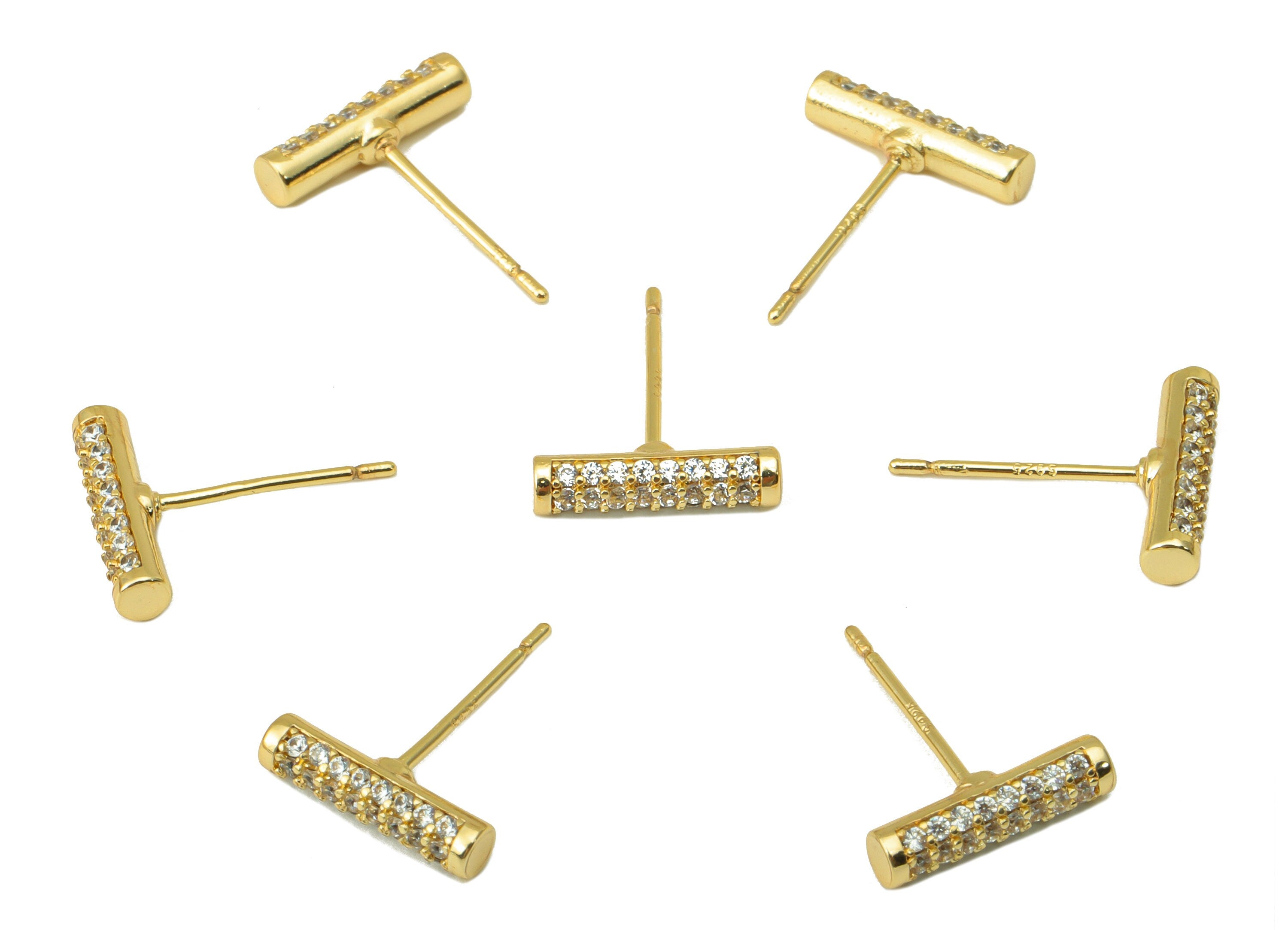 Brass Bar Earring Stud - Brass Cylinder Earring Post - Geometry Earring Post -Cubic Zirconia Stud -18K Real Gold Plated - 12x3x2mm- RGP6407 - DOMEDBAZAAR