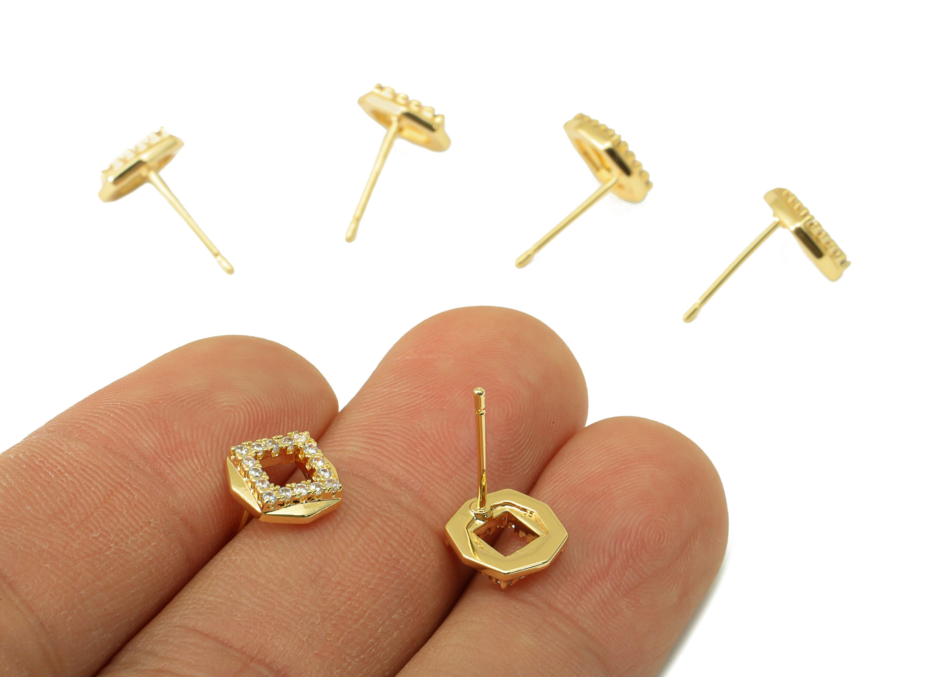 Brass Square Earring Stud - Brass Octagon Earring Post -Cubic Zirconia Earring Post -18K Real Gold Plated - 8.91x8.91x 2.67mm- RGP6422 - DOMEDBAZAAR