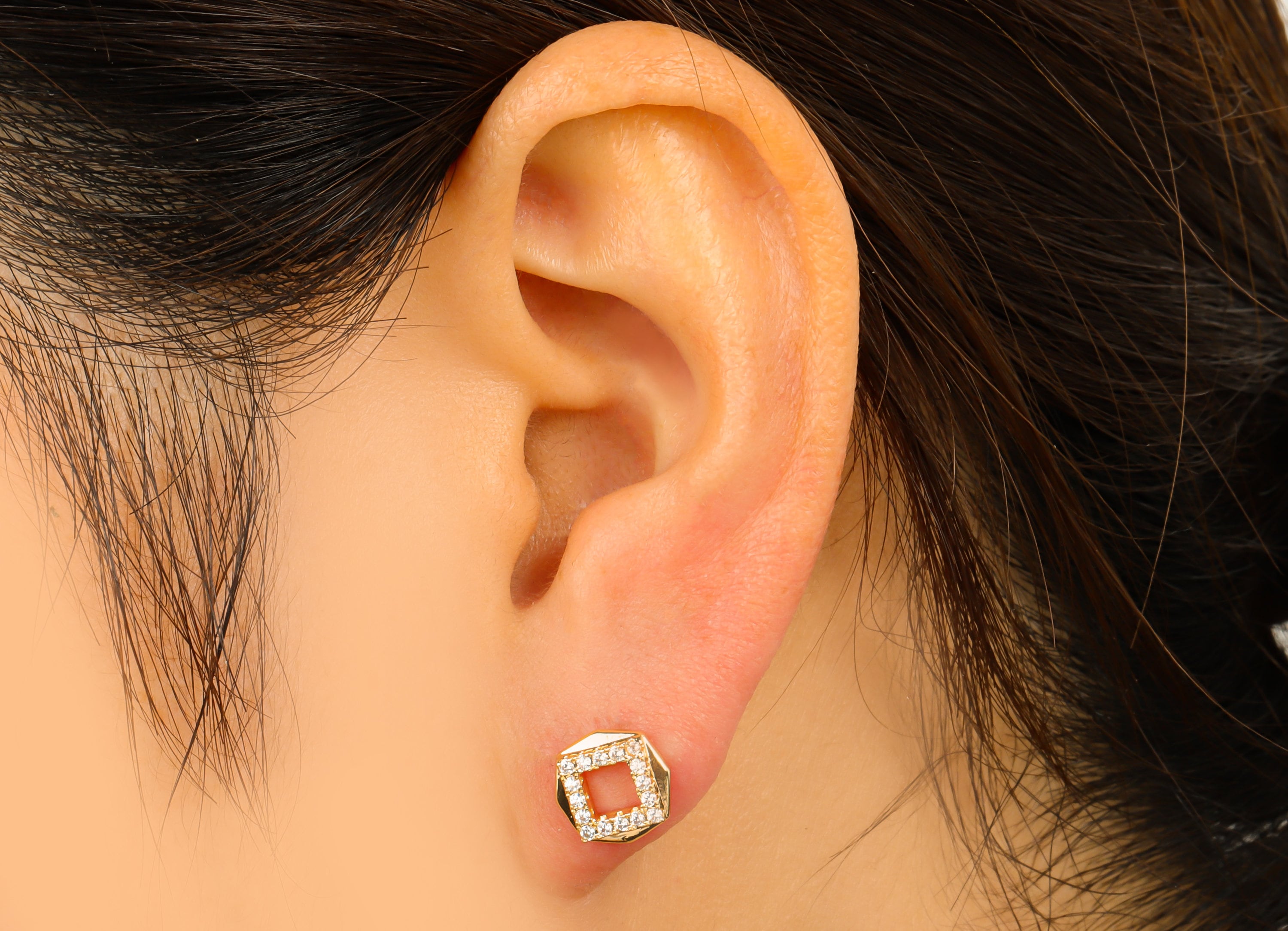 Brass Square Earring Stud - Brass Octagon Earring Post -Cubic Zirconia Earring Post -18K Real Gold Plated - 8.91x8.91x 2.67mm- RGP6422 - DOMEDBAZAAR
