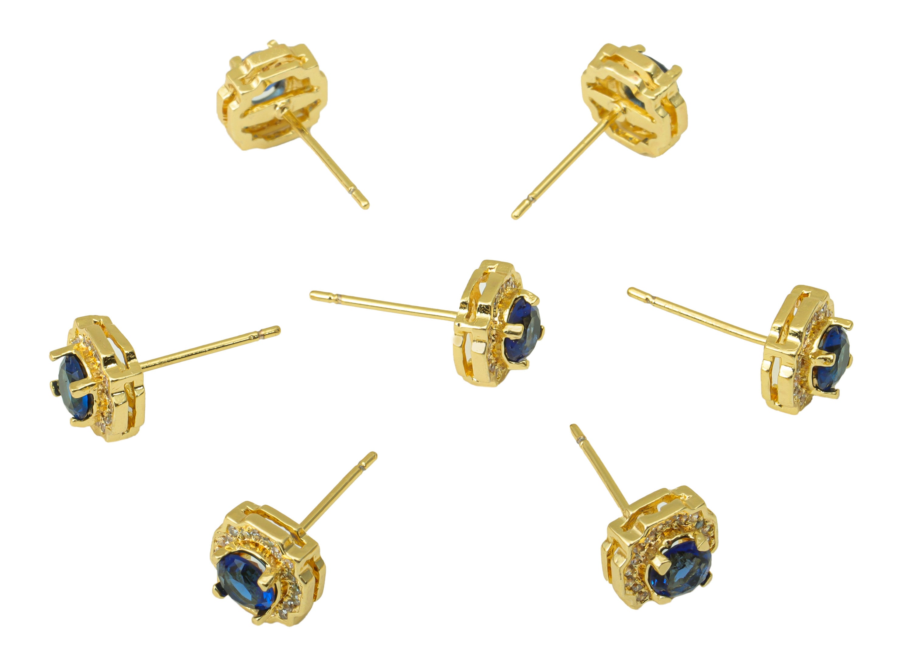Brass Blue Earring Stud - Brass Round Earring Post - Circle Earring Post -Cubic Zirconia Stud -18K Real Gold Plated - 8x8x5.01mm- RGP6442 - DOMEDBAZAAR