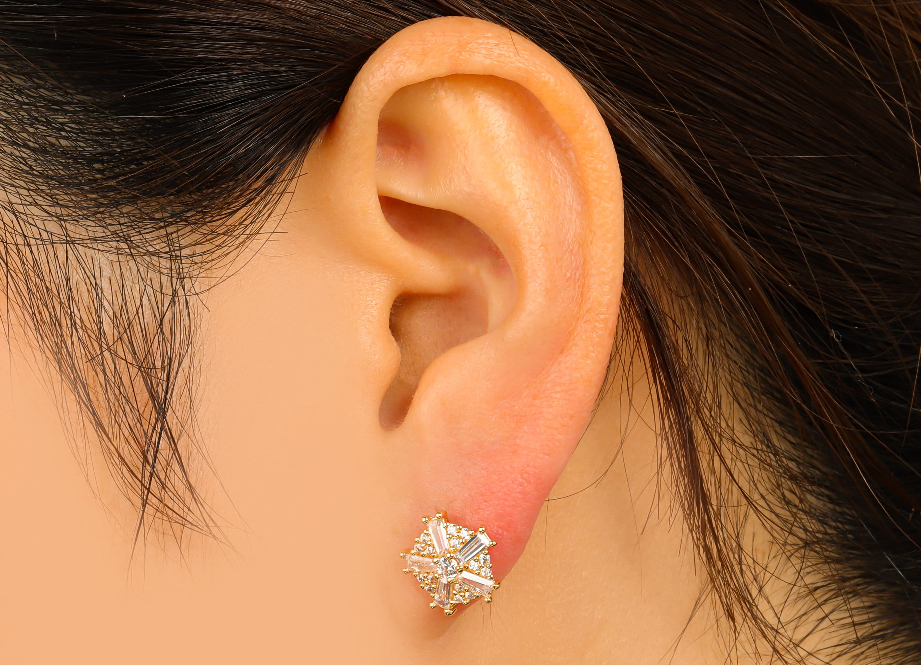 Brass Flower Earring Stud - Pentagon Ladder Earring Post - Dot Earring Post -Cubic Zirconia Stud -18K Real Gold Plated - 12x12x3mm- RGP6443 - DOMEDBAZAAR